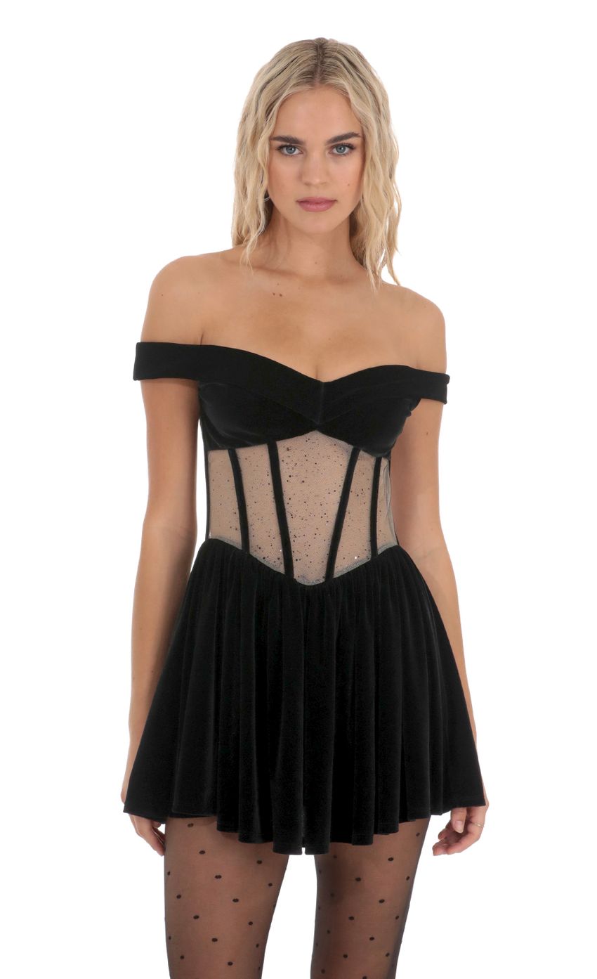 Picture Off Shoulder Velvet Corset Dress in Black. Source: https://media-img.lucyinthesky.com/data/Dec23/850xAUTO/fed0f406-2611-49d0-9a5d-e67574908234.jpg