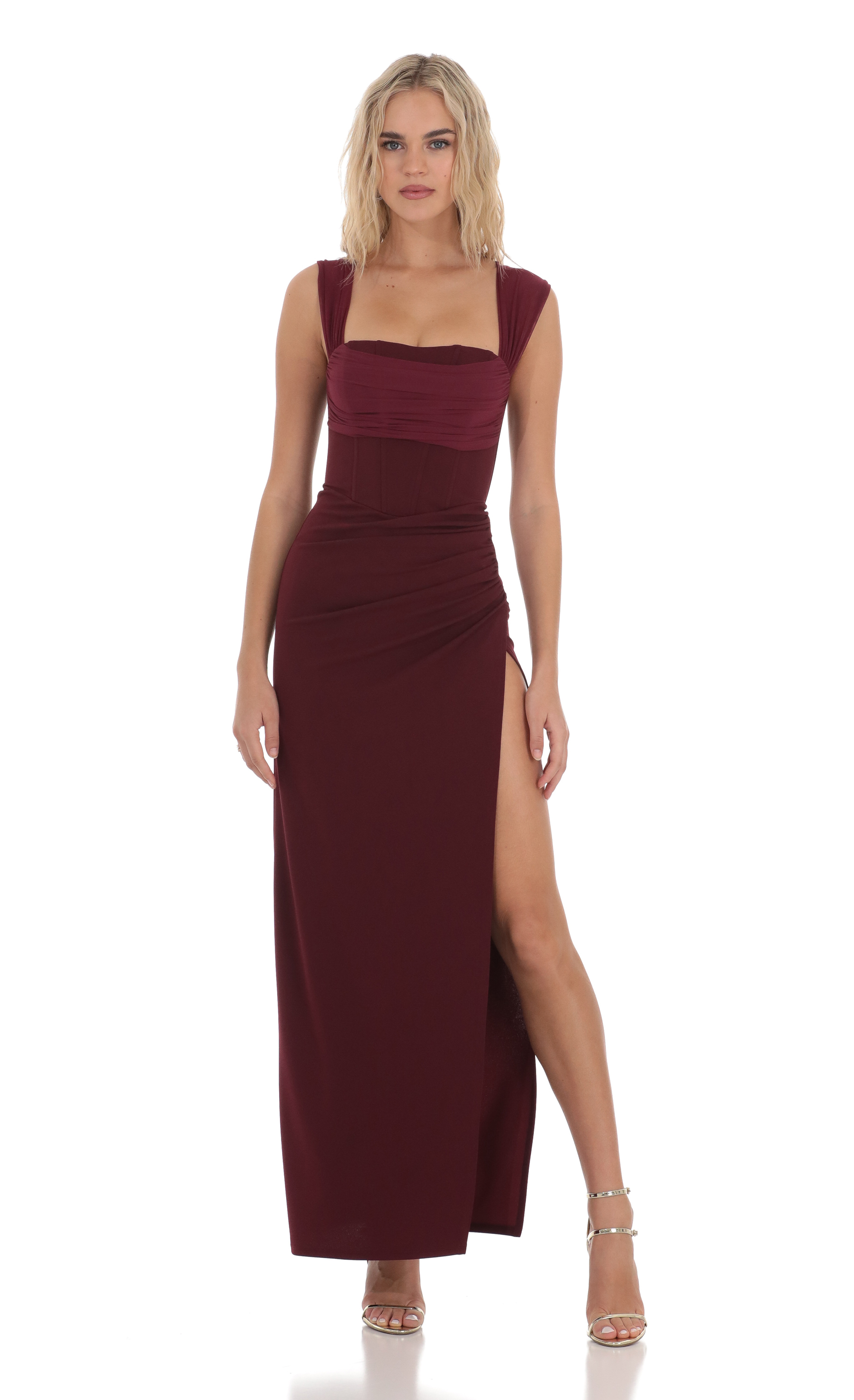 Chicago Ruched Side Slit Maxi Dress in Purple