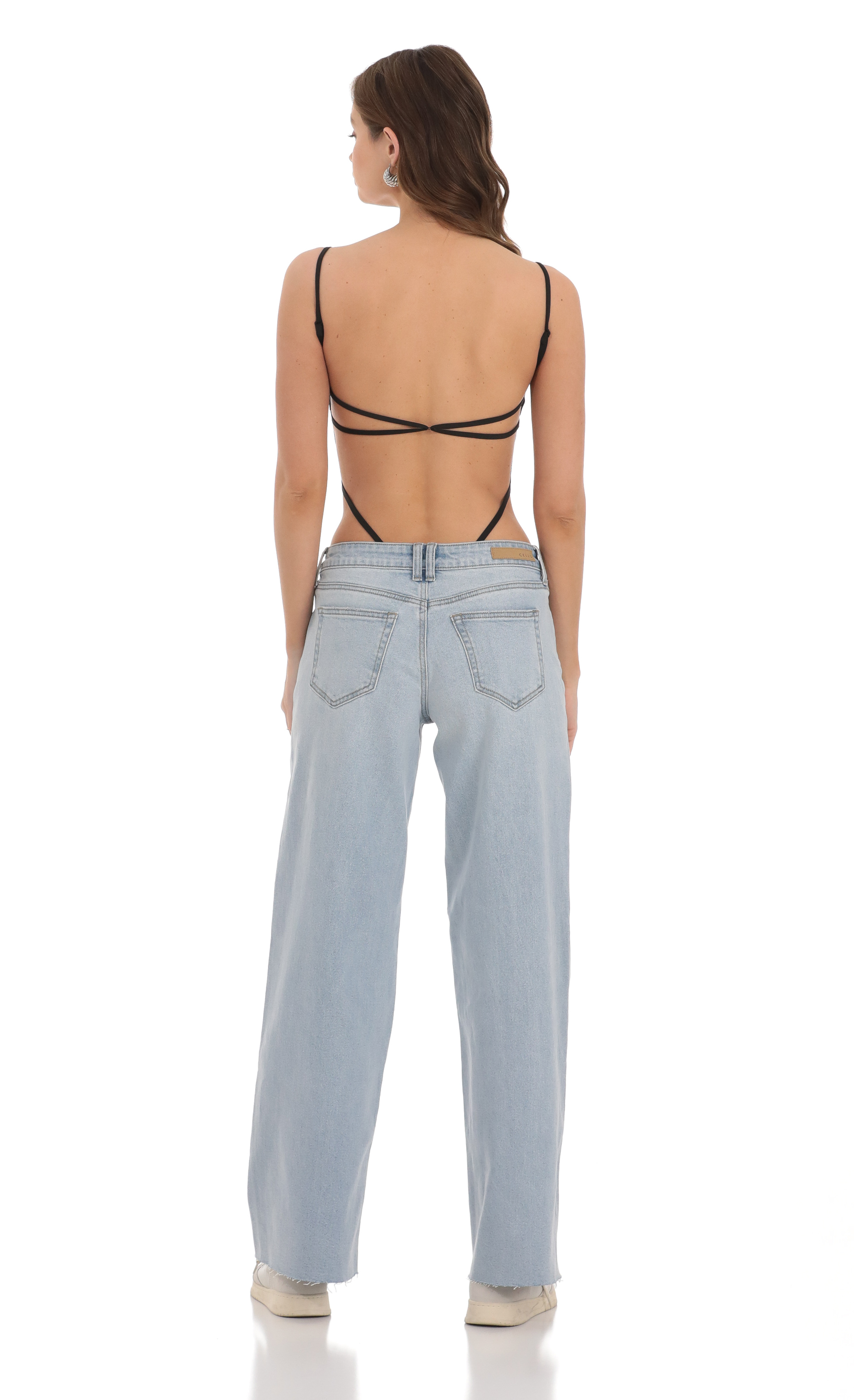 Open Back Strappy Bodysuit in Black | LUCY IN THE SKY