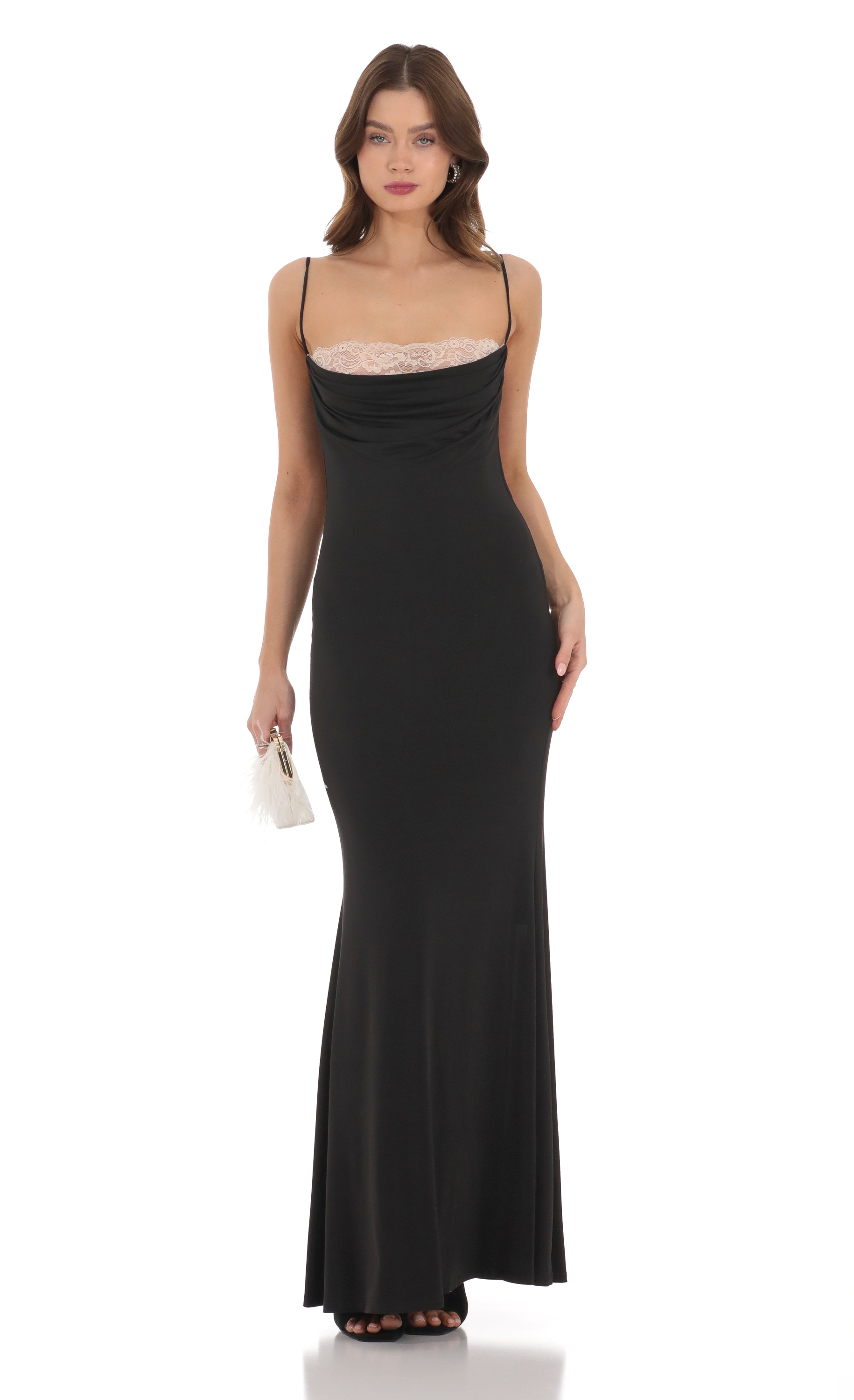 Lace Cowl Neck Maxi Dress in Black