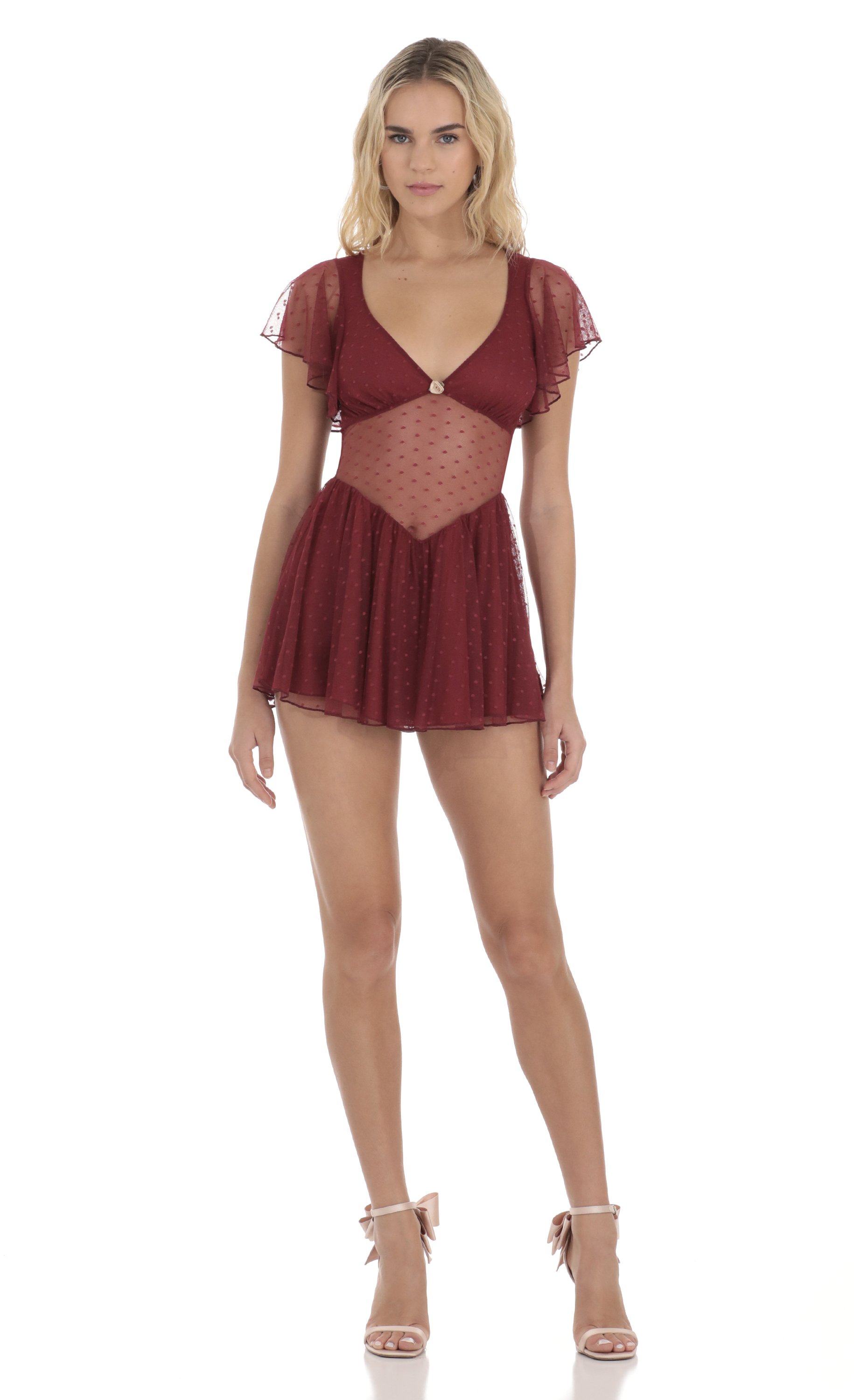 Dotted Mesh Cutout Dress in Maroon