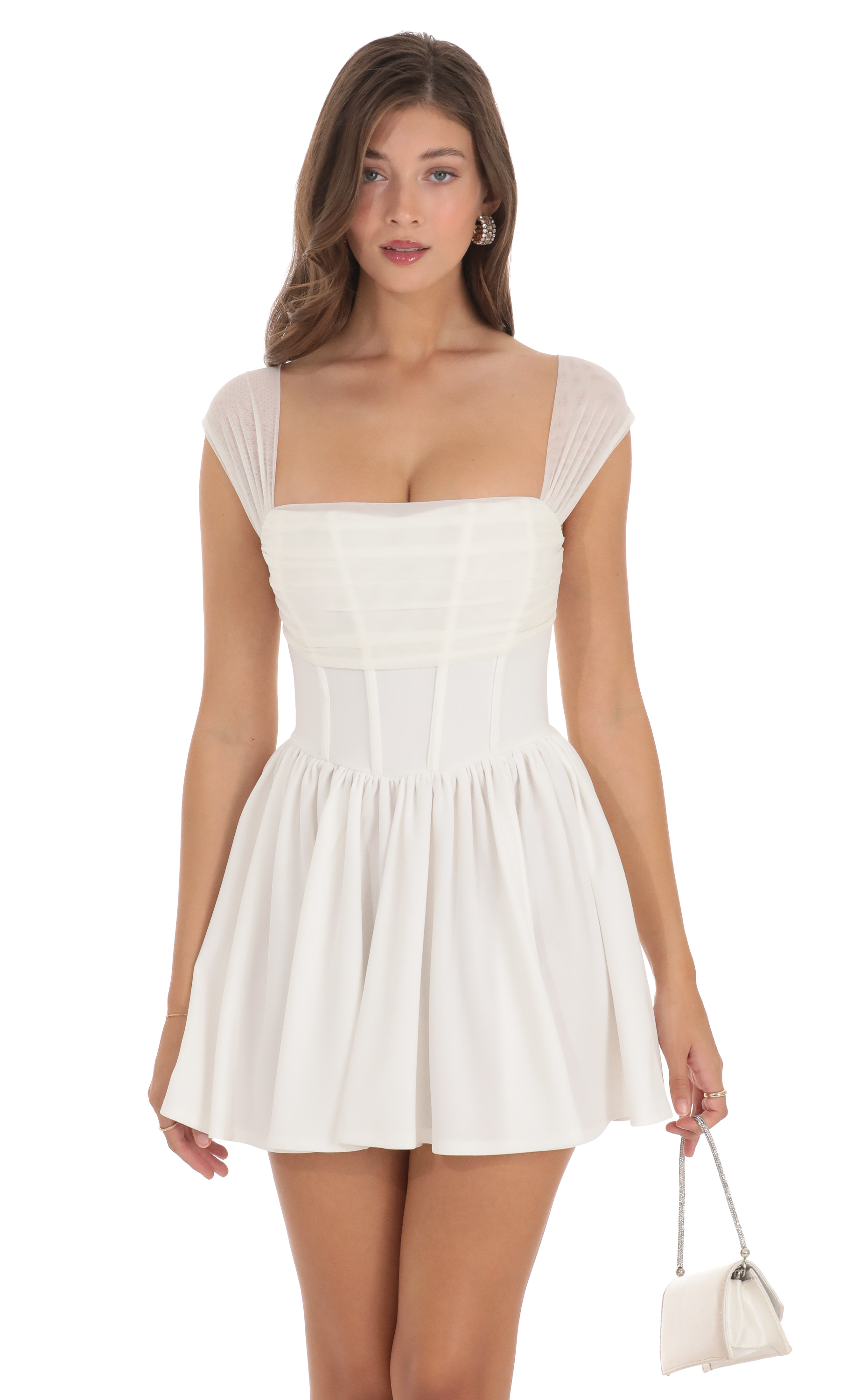 Mesh Draped Corset Dress in White