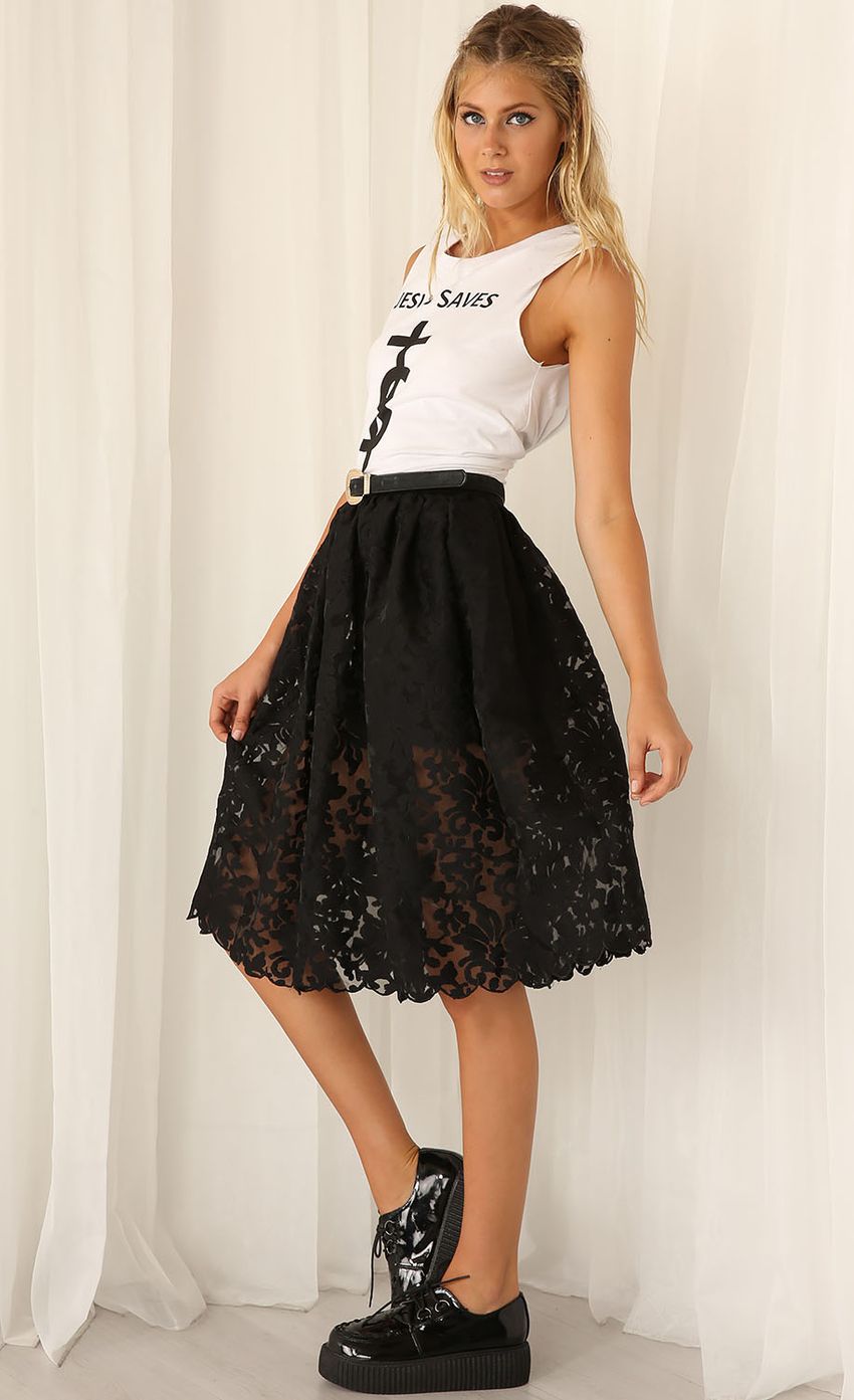 Product image for BLACK EMBROIDERED MIDI SKIRT