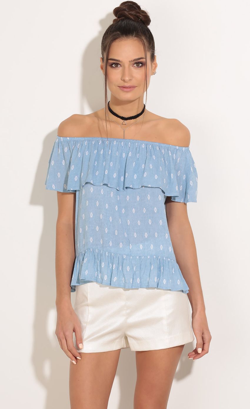 Picture Off The Shoulder Patterned Top In Baby Blue. Source: https://media-img.lucyinthesky.com/data/Feb16_1/850xAUTO/0Y5A0775.JPG