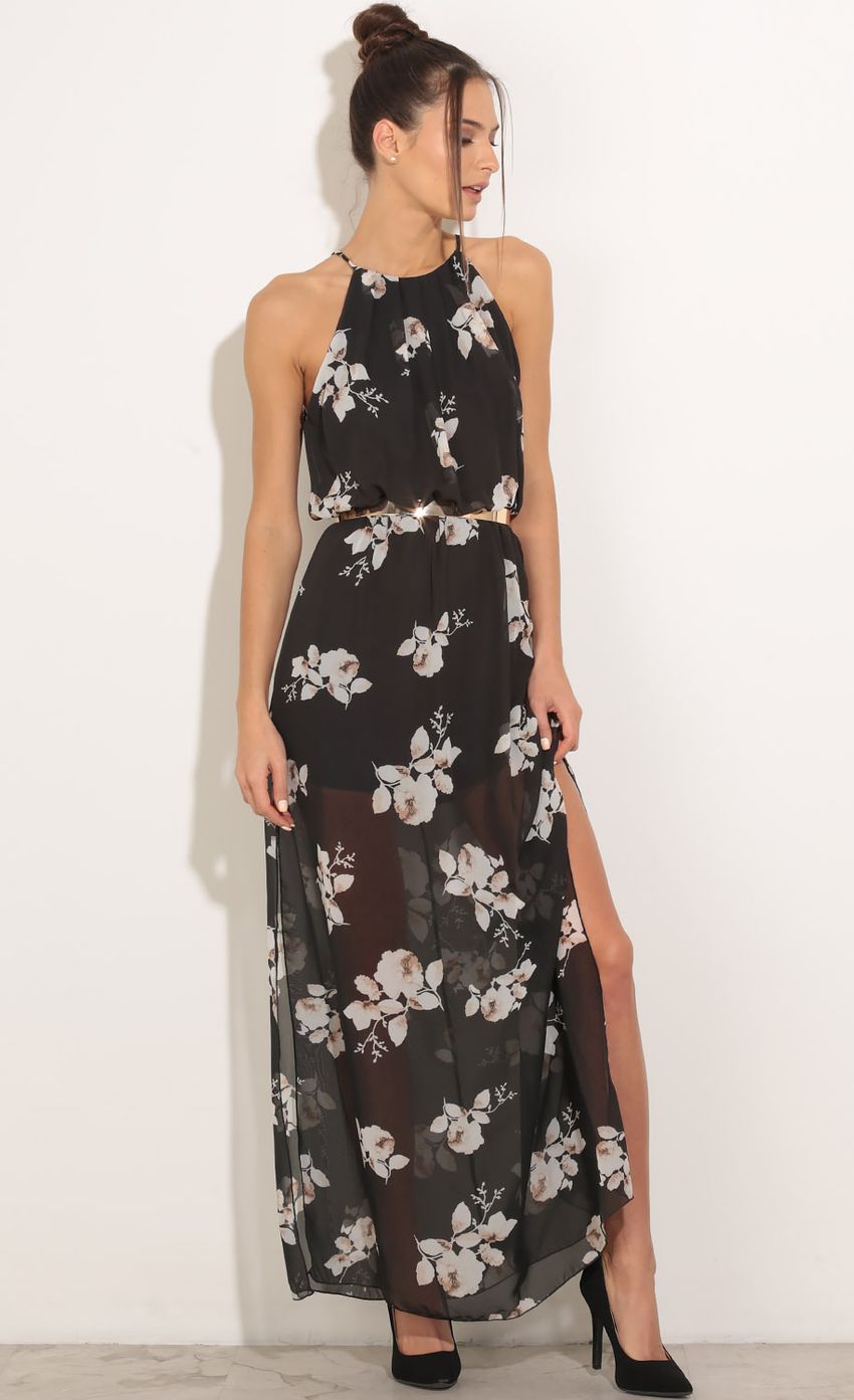 Picture Double Slit Floral Halter Dress In Black. Source: https://media-img.lucyinthesky.com/data/Feb16_1/850xAUTO/0Y5A1353.JPG