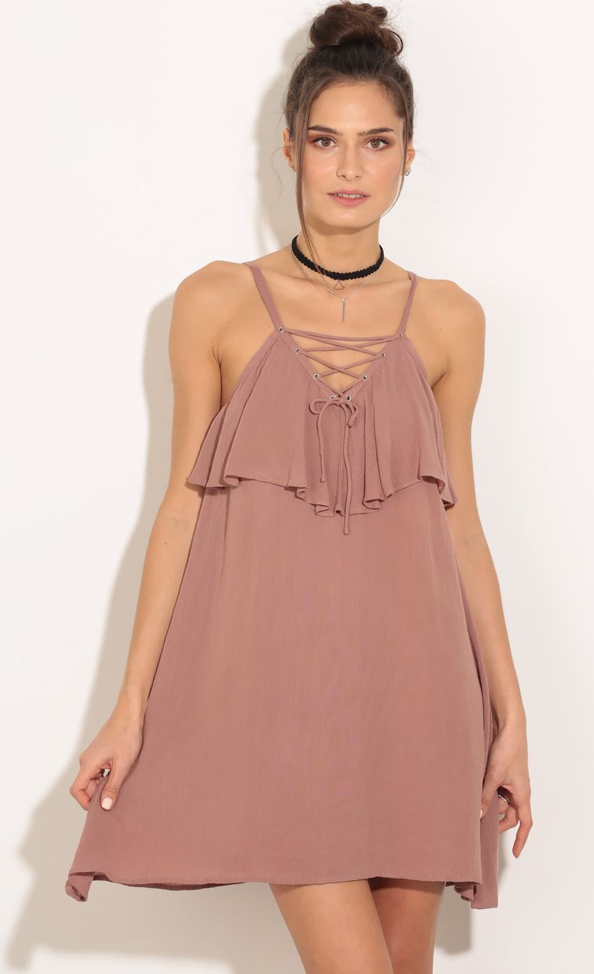 Picture Tiered Lace-Up Shift Dress In Dark Mauve. Source: https://media-img.lucyinthesky.com/data/Feb16_1/850xAUTO/0Y5A2289.JPG