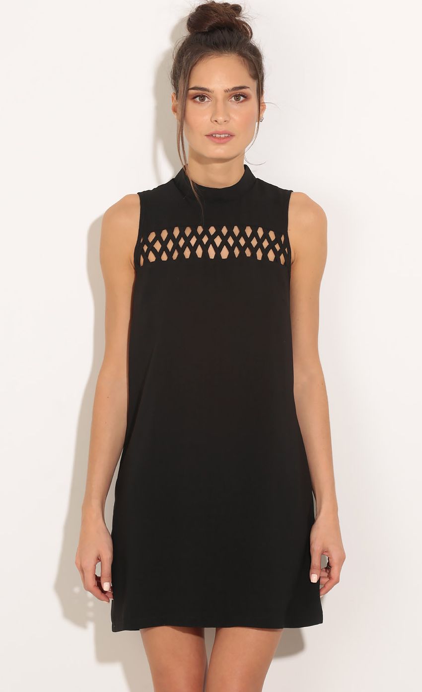 Picture High Neck Peek-A-Boo Shift Dress In Black. Source: https://media-img.lucyinthesky.com/data/Feb16_1/850xAUTO/0Y5A2395.JPG