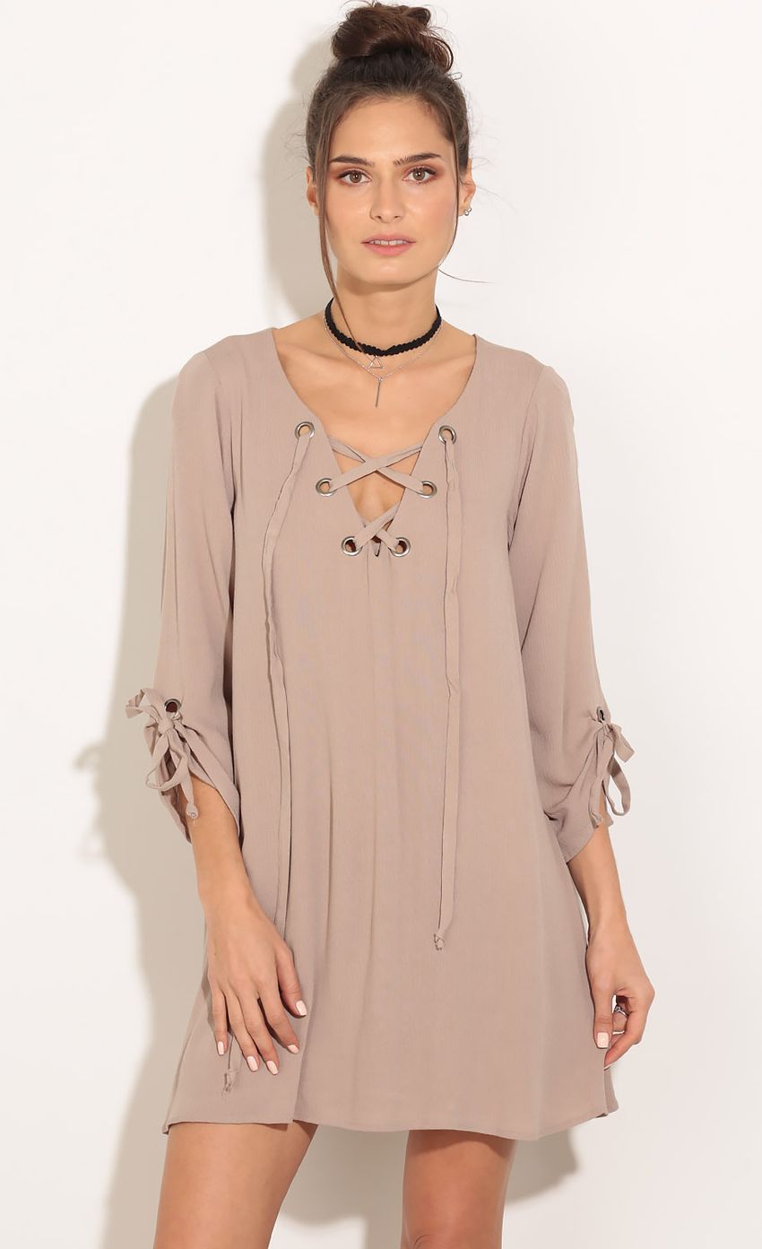 Picture Lace-Up Shift Dress In Mocha. Source: https://media-img.lucyinthesky.com/data/Feb16_1/850xAUTO/0Y5A2835_2.JPG