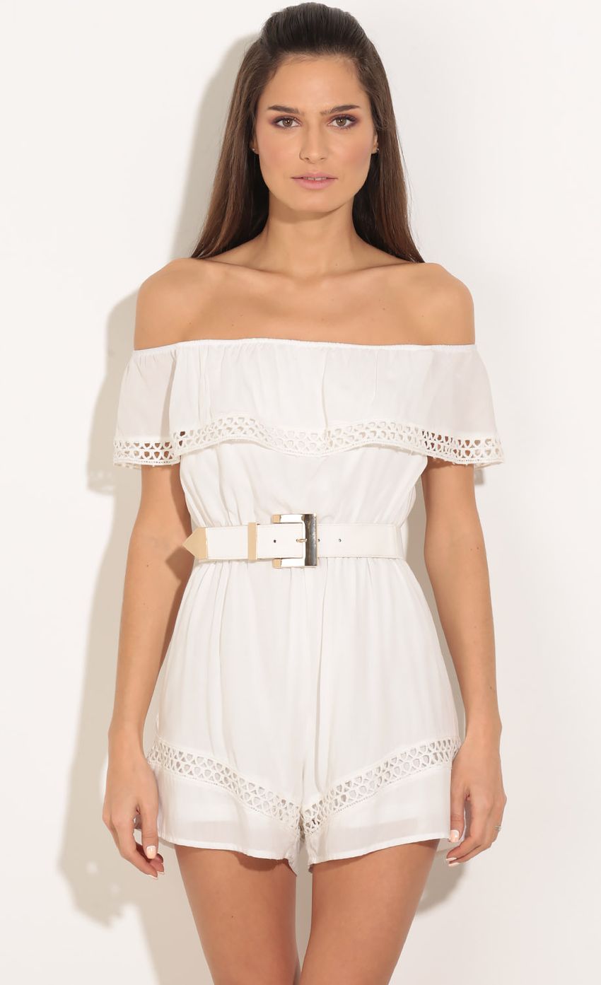 Picture Off The Shoulder Crochet Trim Romper In White. Source: https://media-img.lucyinthesky.com/data/Feb16_1/850xAUTO/0Y5A3937.JPG