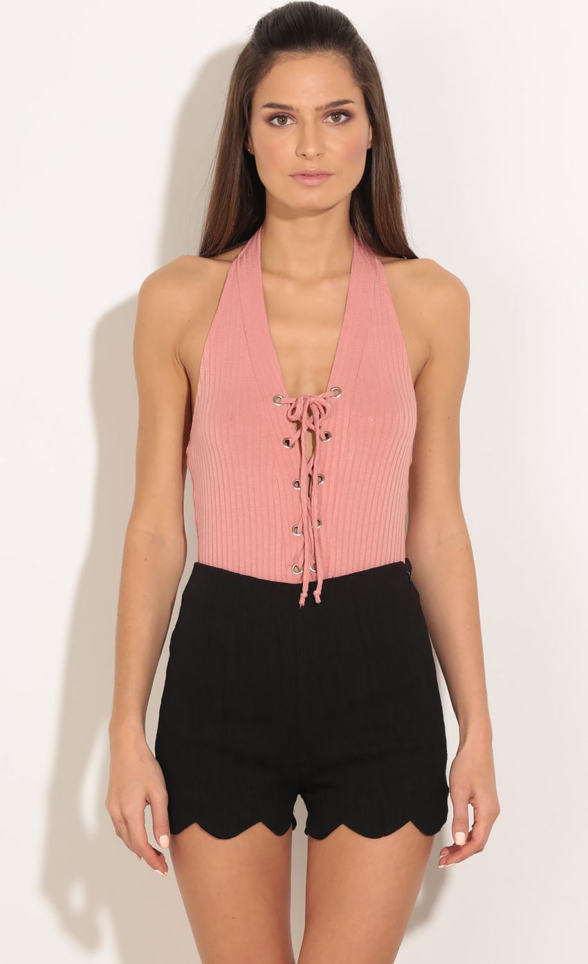 Picture Plunge Lace-Up Bodysuit In Salmon. Source: https://media-img.lucyinthesky.com/data/Feb16_1/850xAUTO/0Y5A5424.JPG