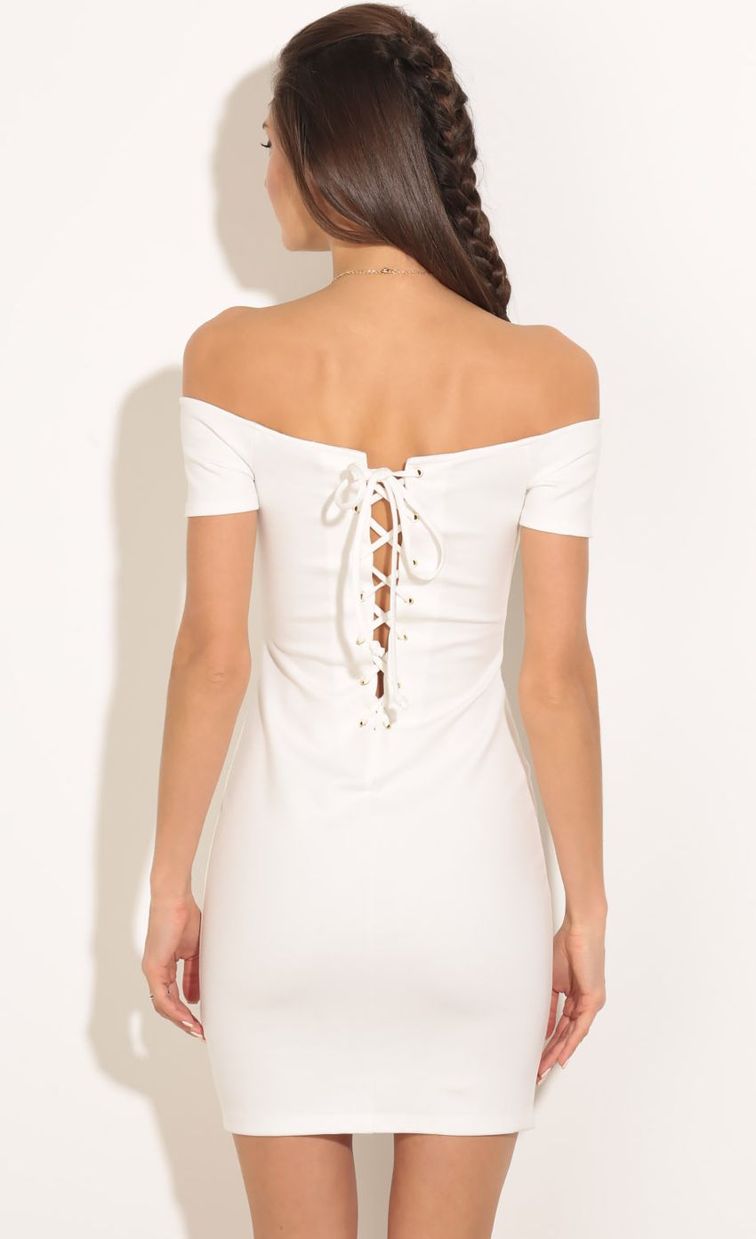 Picture Off The Shoulder Bodycon Dress In White. Source: https://media-img.lucyinthesky.com/data/Feb16_1/850xAUTO/0Y5A6132.JPG