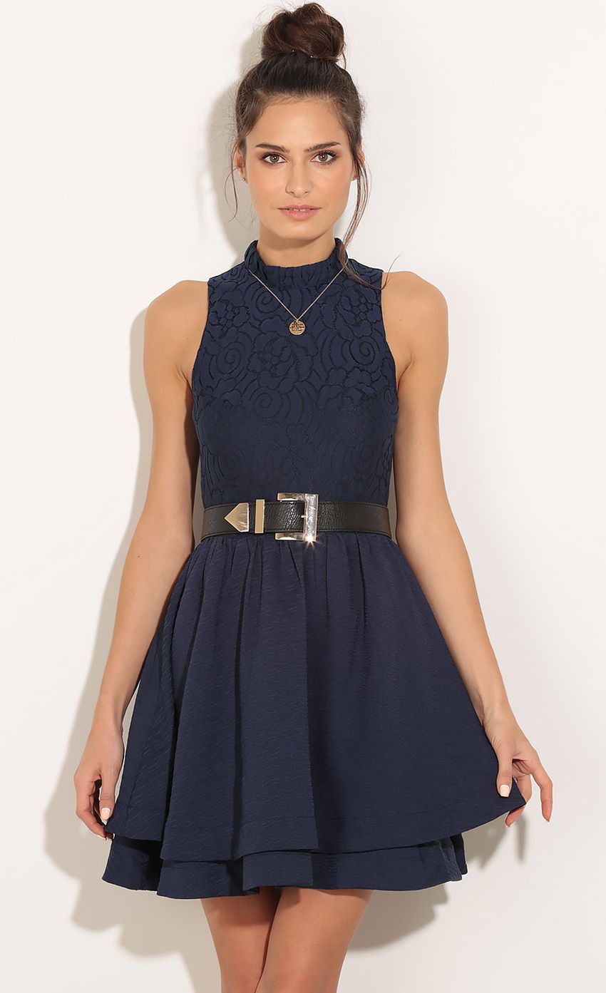 Picture High Neck Lace Textured Dress In Navy. Source: https://media-img.lucyinthesky.com/data/Feb16_1/850xAUTO/0Y5A7429.JPG