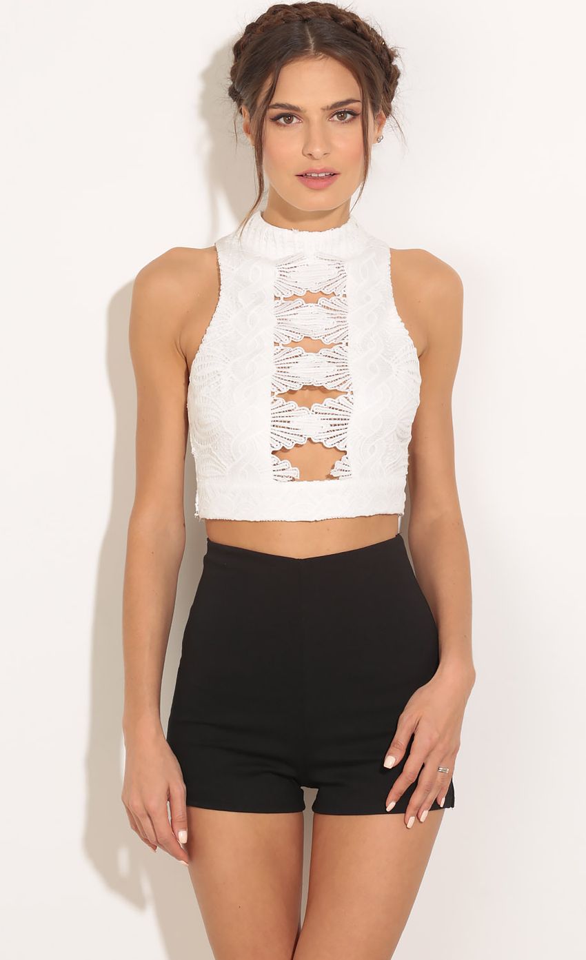 Picture High Neck Peek-A-Boo Crop Top In White. Source: https://media-img.lucyinthesky.com/data/Feb16_2/850xAUTO/0Y5A3464.JPG
