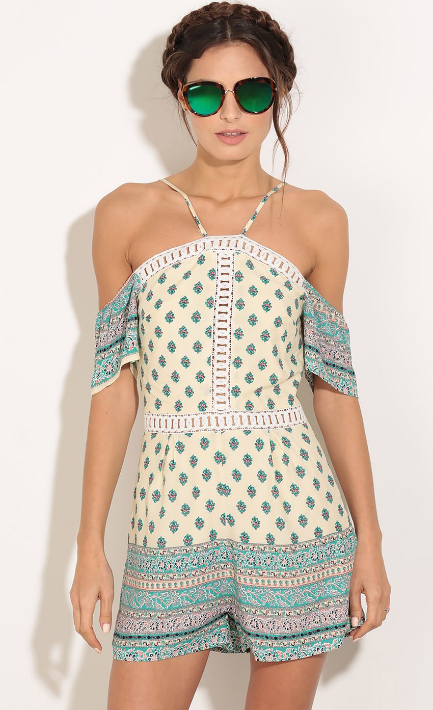 Picture Open Shoulder Bohemian Print Romper In Vanilla And Green. Source: https://media-img.lucyinthesky.com/data/Feb16_2/850xAUTO/0Y5A5897.JPG