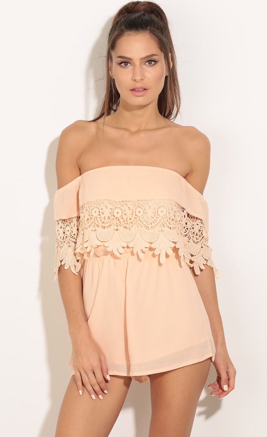 Picture Off The Shoulder Crochet Romper In Peach. Source: https://media-img.lucyinthesky.com/data/Feb16_2/850xAUTO/0Y5A9647.JPG