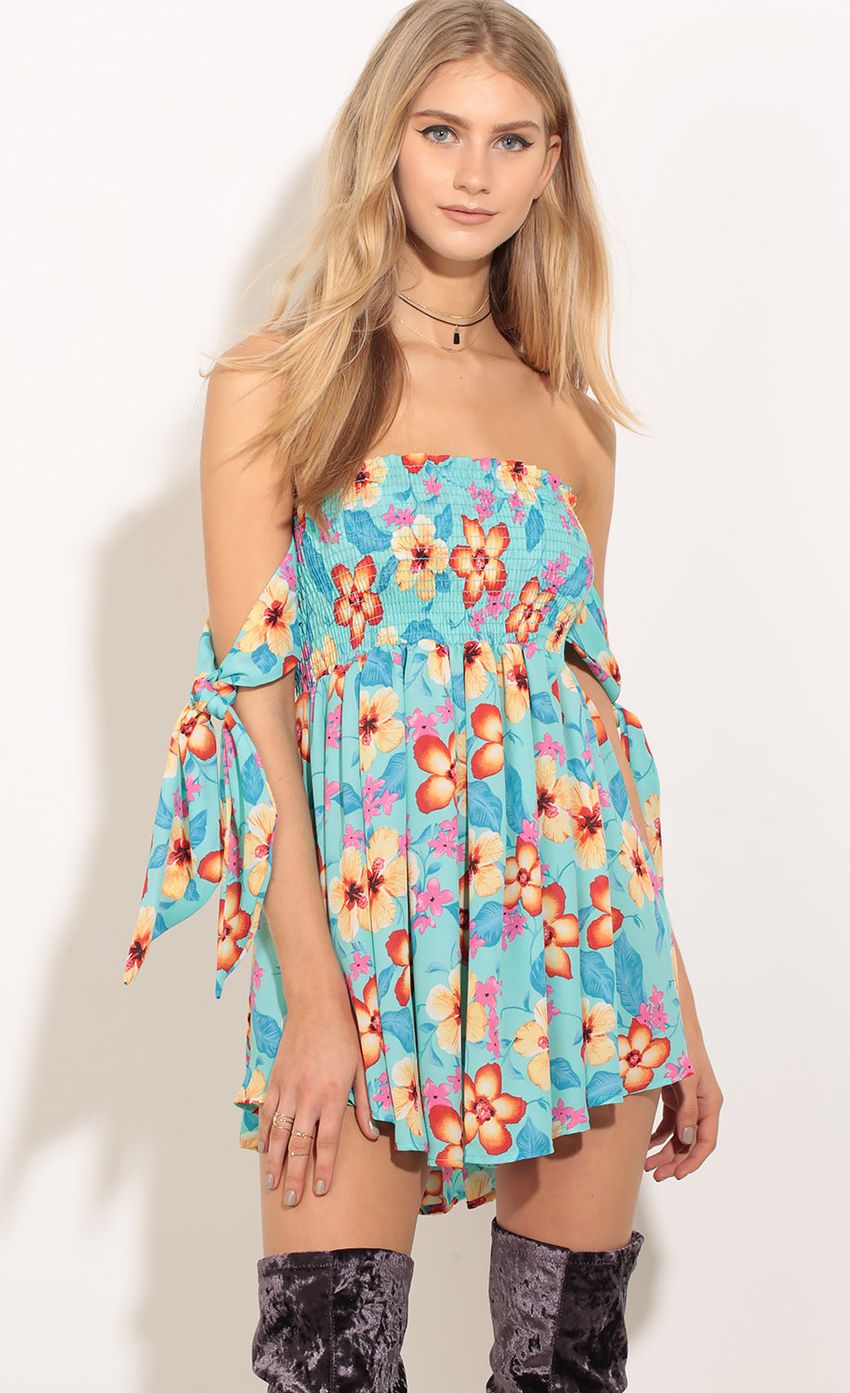 Picture Tropical Print Tie Sleeve Dress In Teal. Source: https://media-img.lucyinthesky.com/data/Feb17_1/850xAUTO/0Y5A6681.JPG