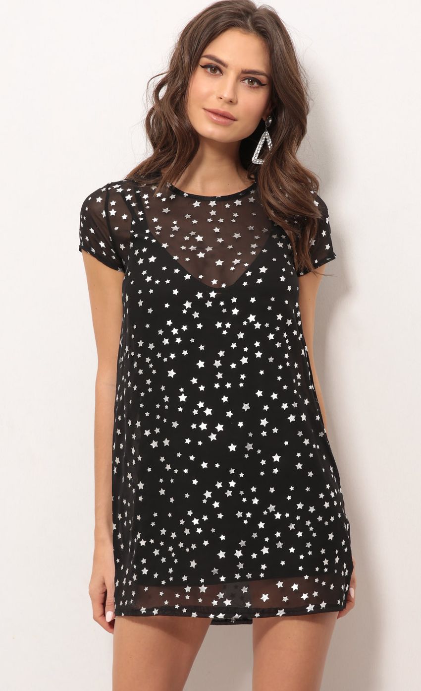 Picture Shimmer Shift Dress In Celestial Black. Source: https://media-img.lucyinthesky.com/data/Feb18_1/850xAUTO/0Y5A3733.JPG