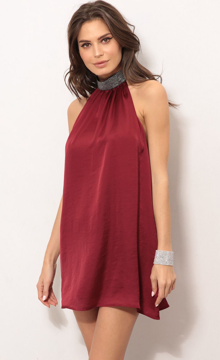 Picture Midnight Halter A-line Dress in Crimson. Source: https://media-img.lucyinthesky.com/data/Feb18_1/850xAUTO/0Y5A4218.JPG