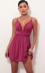 Picture Low V Plunge Dress In Fuchsia suede. Source: https://media-img.lucyinthesky.com/data/Feb19_1/150xAUTO/781A7959.JPG