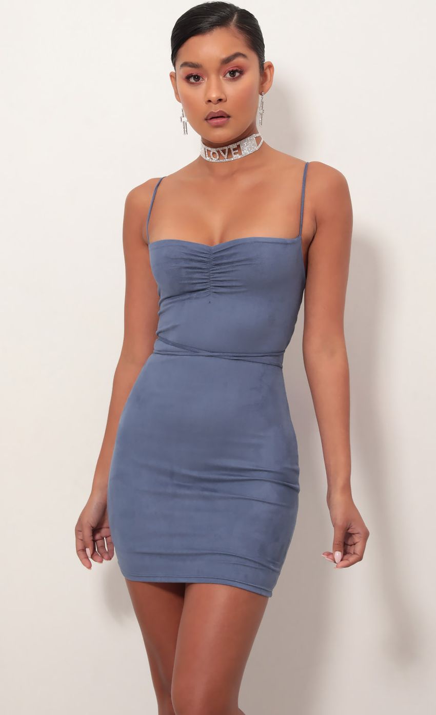 Picture Kendall Suede Bodycon Dress in Blue. Source: https://media-img.lucyinthesky.com/data/Feb19_1/850xAUTO/781A5474S.JPG