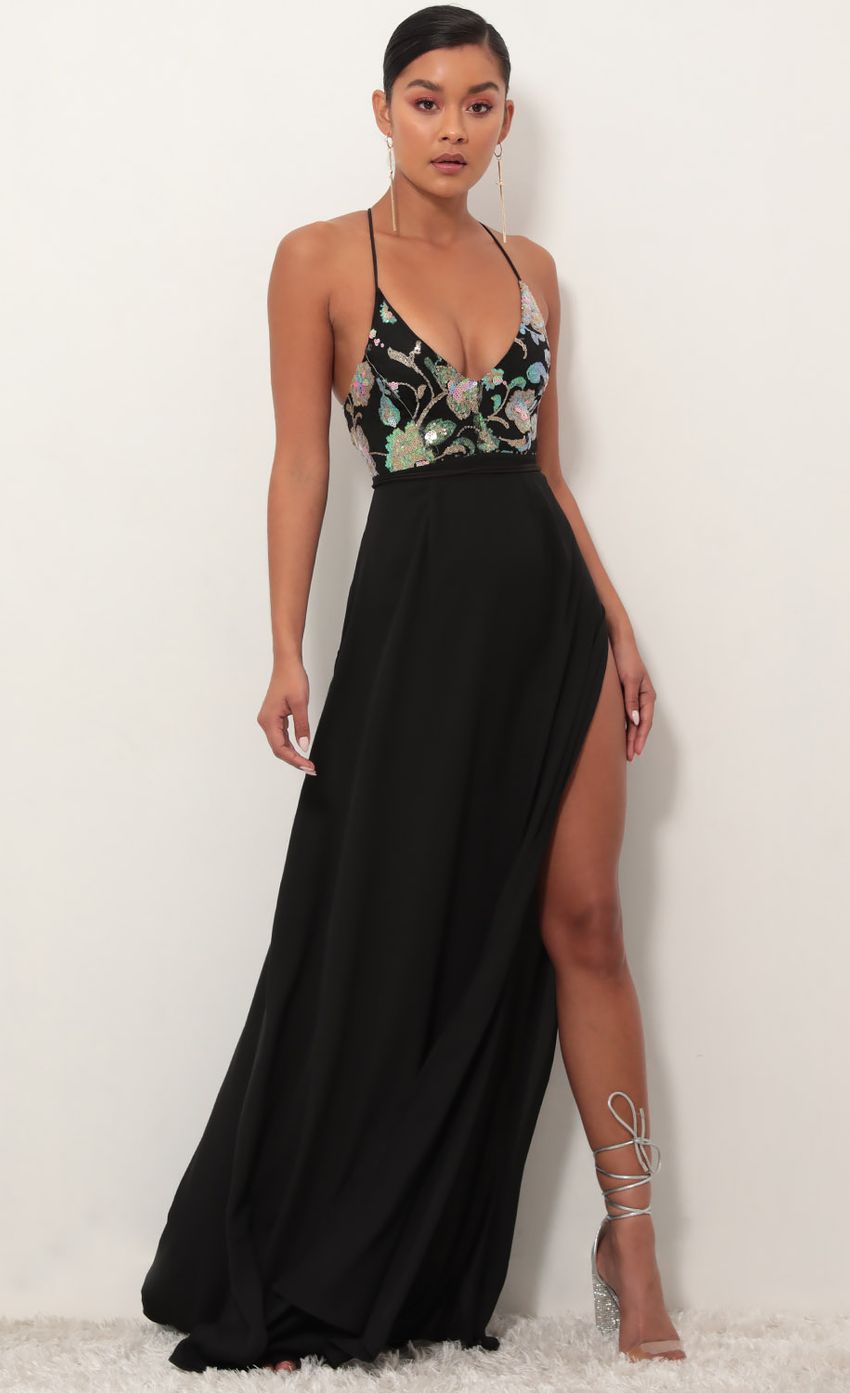 Picture Kaylen Black Floral Sequin Maxi Dress. Source: https://media-img.lucyinthesky.com/data/Feb19_1/850xAUTO/781A5942.JPG
