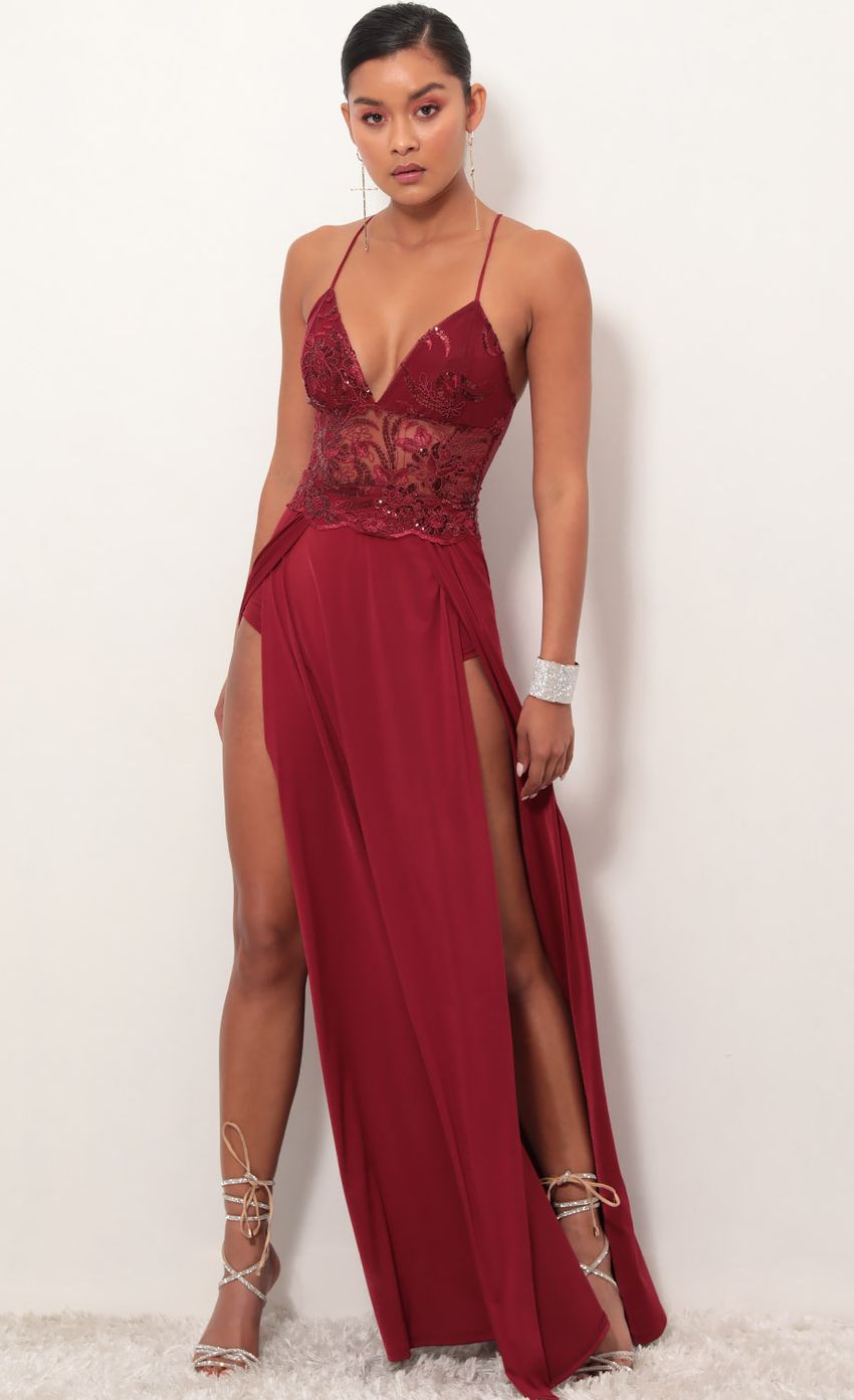 Picture Tulum Lace Maxi Dress in Merlot. Source: https://media-img.lucyinthesky.com/data/Feb19_1/850xAUTO/781A7810.JPG