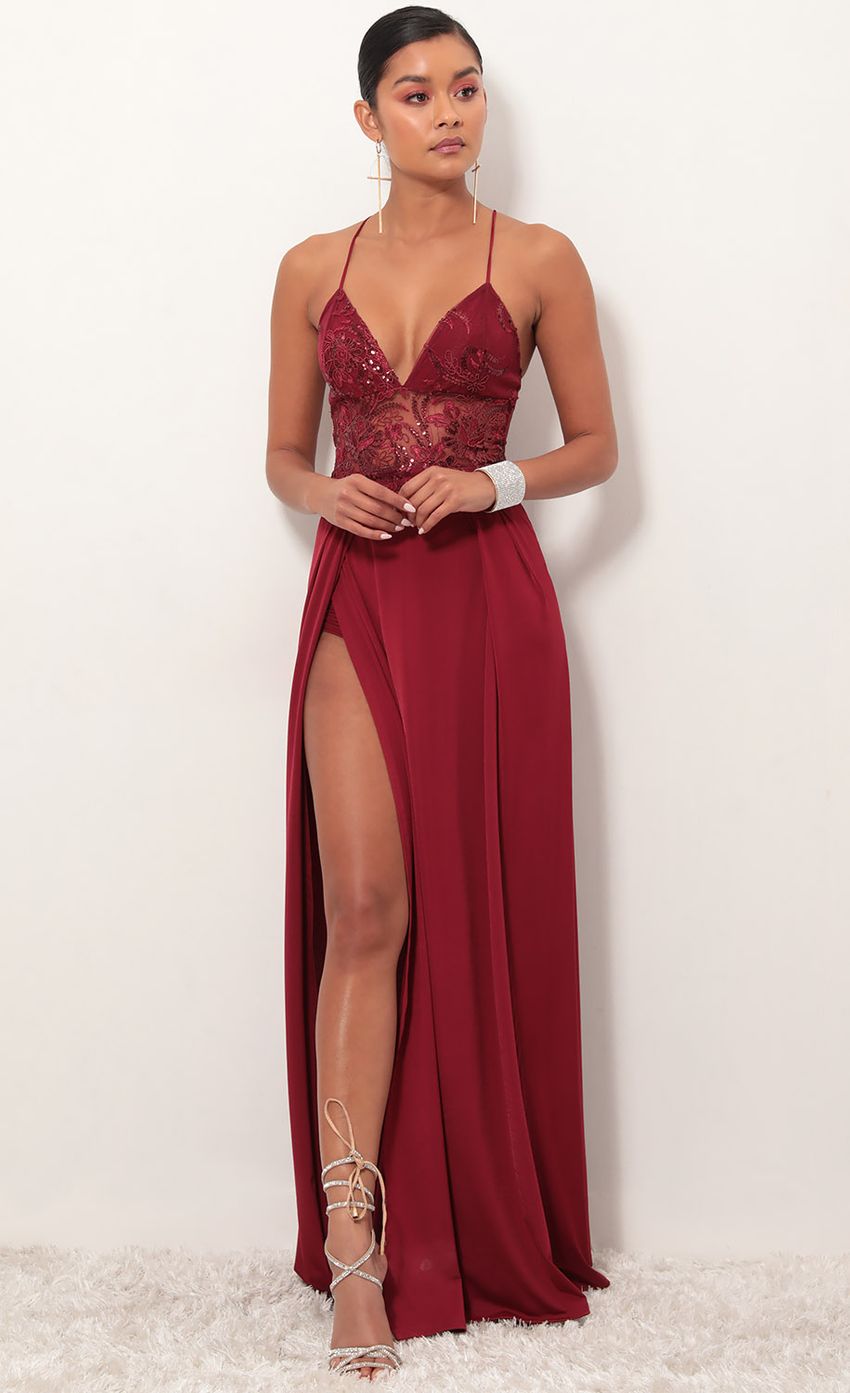 Picture Tulum Lace Maxi Dress in Merlot. Source: https://media-img.lucyinthesky.com/data/Feb19_1/850xAUTO/781A7817.JPG