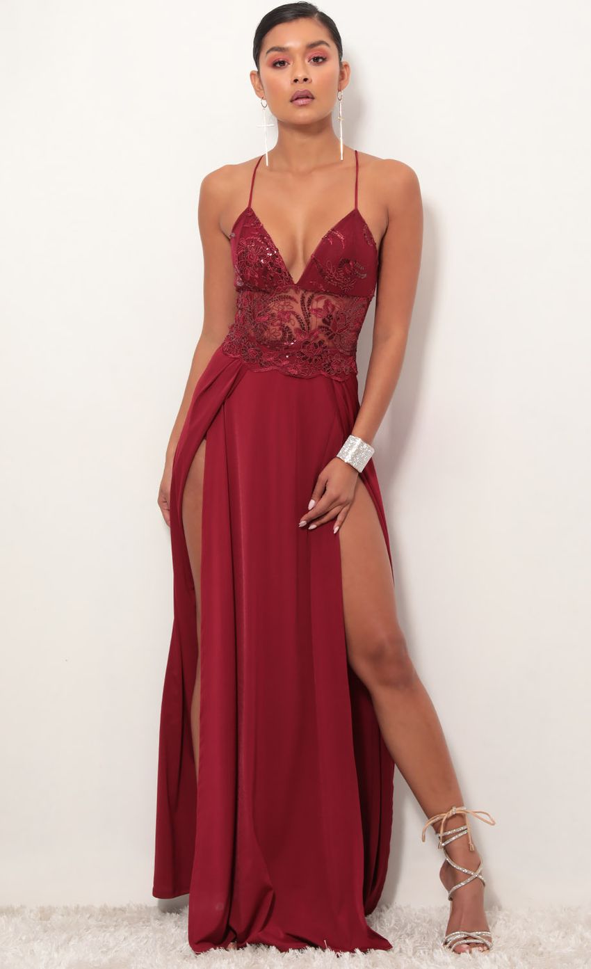 Picture Tulum Lace Maxi Dress in Merlot. Source: https://media-img.lucyinthesky.com/data/Feb19_1/850xAUTO/781A7820.JPG