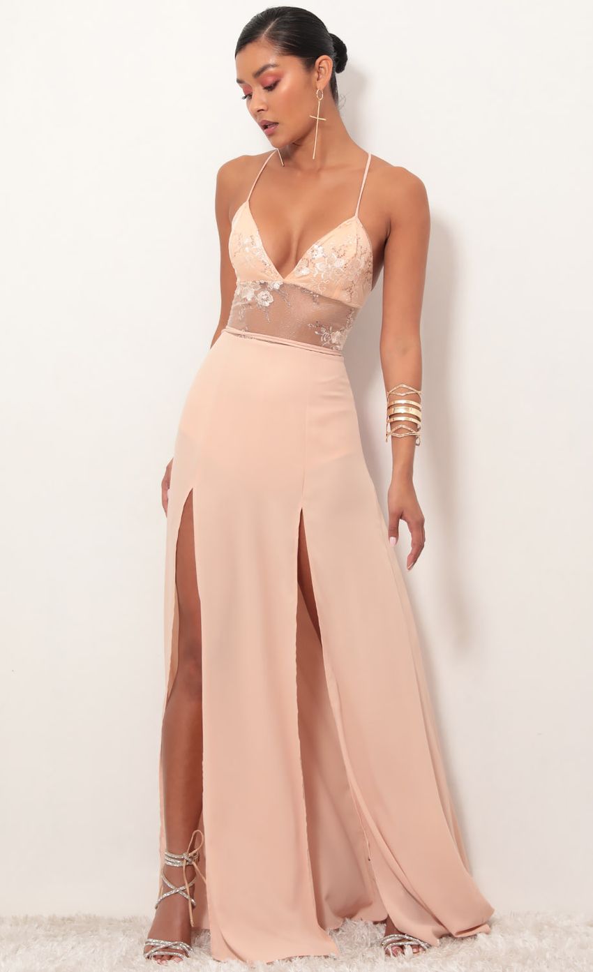 Picture Loveable Lace Maxi Dress in Peach. Source: https://media-img.lucyinthesky.com/data/Feb19_1/850xAUTO/781A7917.JPG