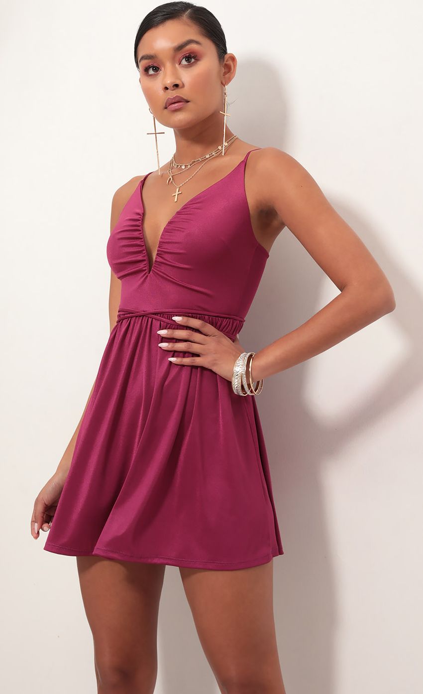Picture Low V Plunge Dress In Fuchsia suede. Source: https://media-img.lucyinthesky.com/data/Feb19_1/850xAUTO/781A7980.JPG