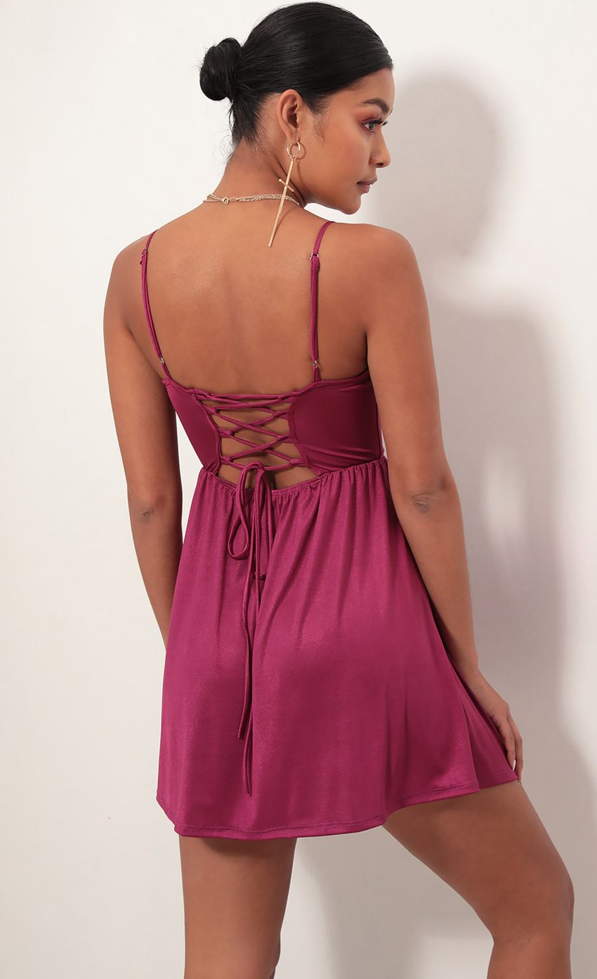 Picture Low V Plunge Dress In Fuchsia suede. Source: https://media-img.lucyinthesky.com/data/Feb19_1/850xAUTO/781A8015.JPG