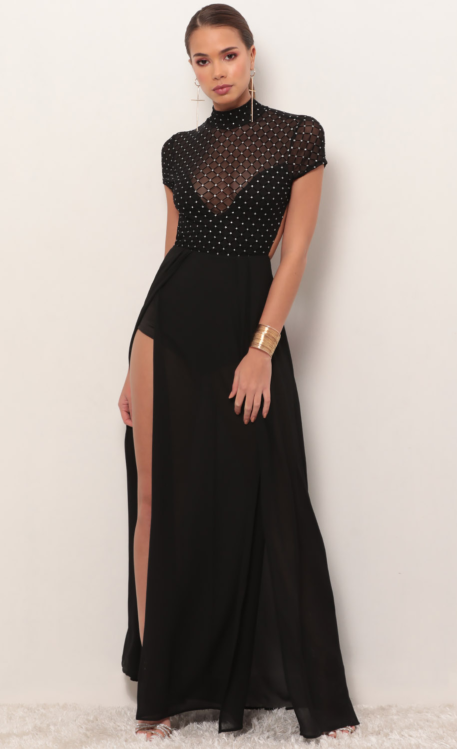 Couture Black Diamond Mesh Maxi Dress