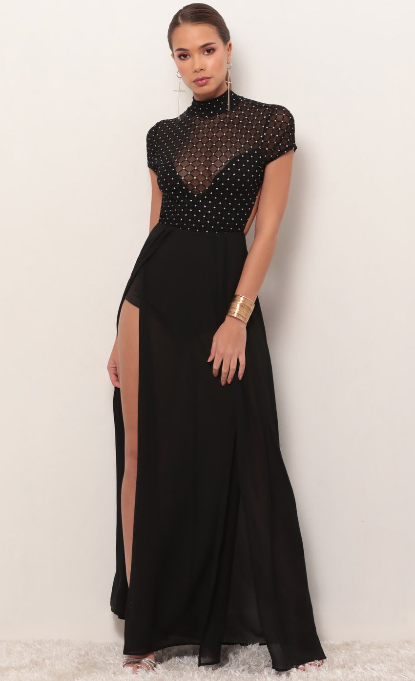 Picture Couture Black Diamond Mesh Maxi Dress. Source: https://media-img.lucyinthesky.com/data/Feb19_2/850xAUTO/781A0823.JPG