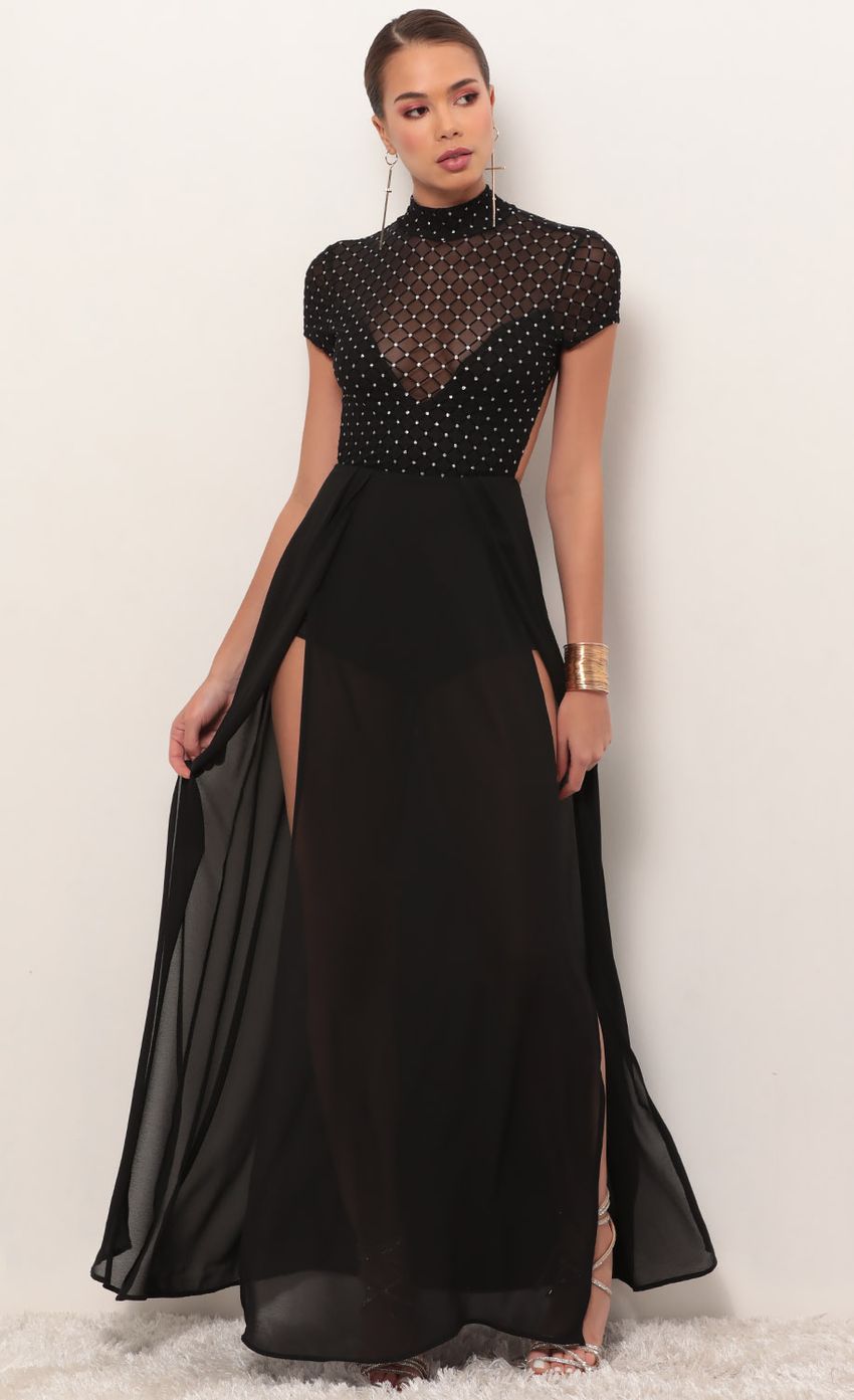 Picture Couture Black Diamond Mesh Maxi Dress. Source: https://media-img.lucyinthesky.com/data/Feb19_2/850xAUTO/781A0830.JPG