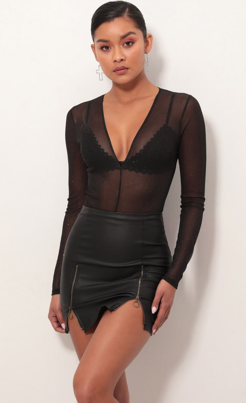 Picture Pierre Plunge Mesh Bodysuit in Black Shimmer. Source: https://media-img.lucyinthesky.com/data/Feb19_2/850xAUTO/781A8528S.JPG