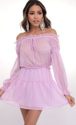 Picture Wild Thoughts Off The Shoulder Dress in Lilac. Source: https://media-img.lucyinthesky.com/data/Feb20_1/150xAUTO/781A76641.JPG