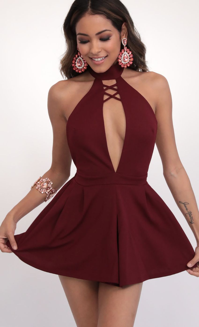 Picture Pleated High Neck Romper In Burgundy. Source: https://media-img.lucyinthesky.com/data/Feb20_1/850xAUTO/781A0863.JPG