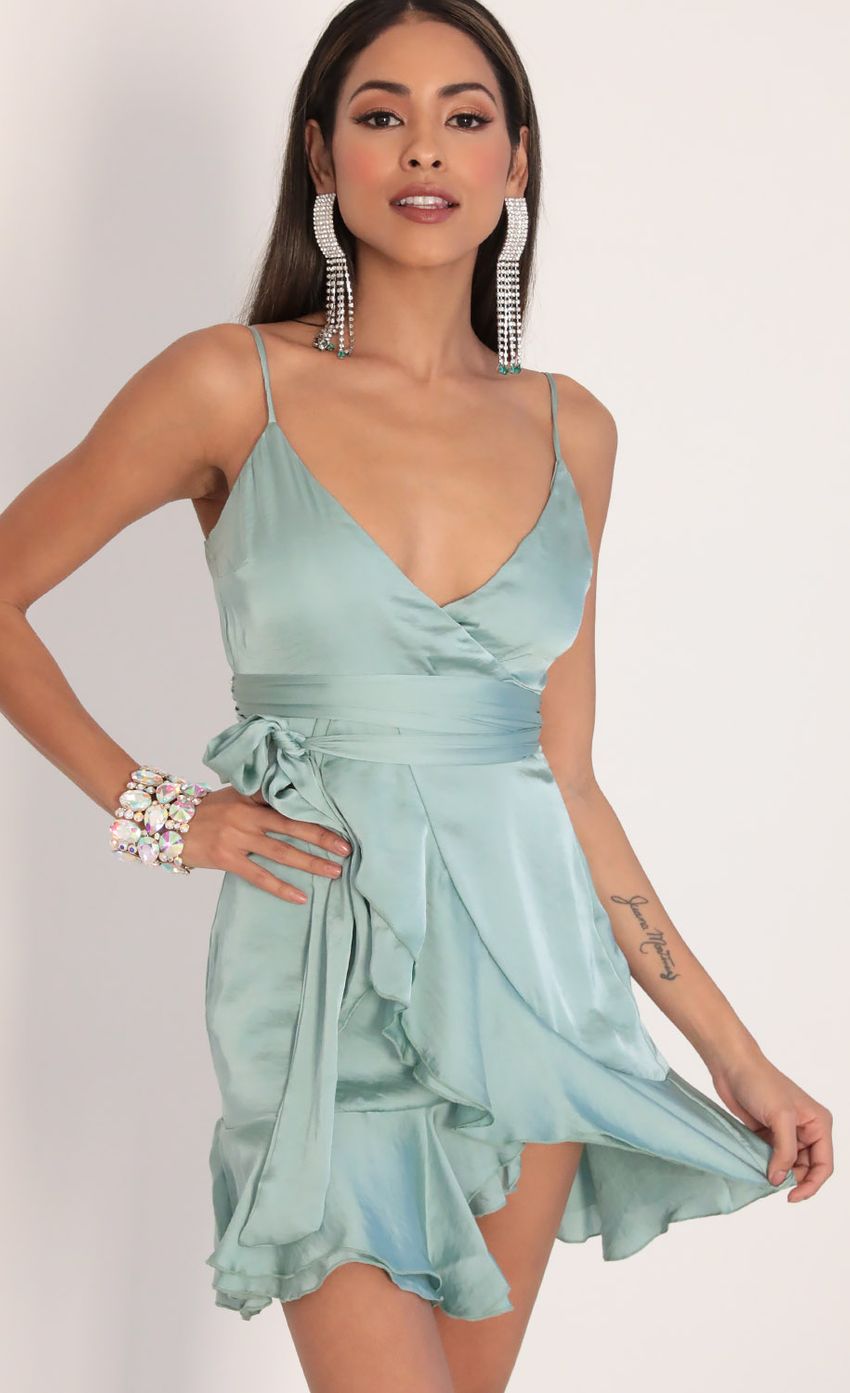 Picture Becca Satin Ruffle Dress in Sage. Source: https://media-img.lucyinthesky.com/data/Feb20_1/850xAUTO/781A2167.JPG