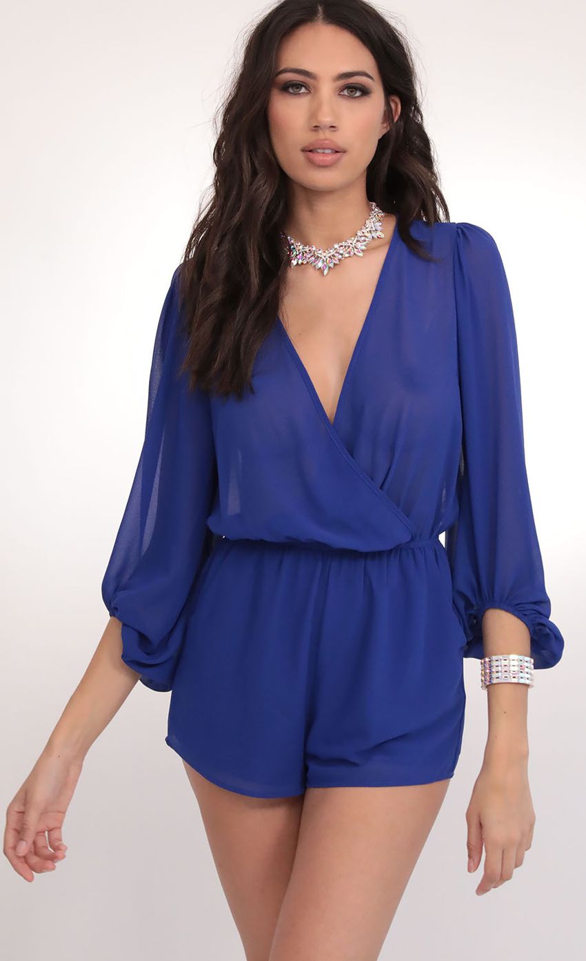 Picture Gia Balloon Sleeve Chiffon Romper in Royal. Source: https://media-img.lucyinthesky.com/data/Feb20_1/850xAUTO/781A2976.JPG