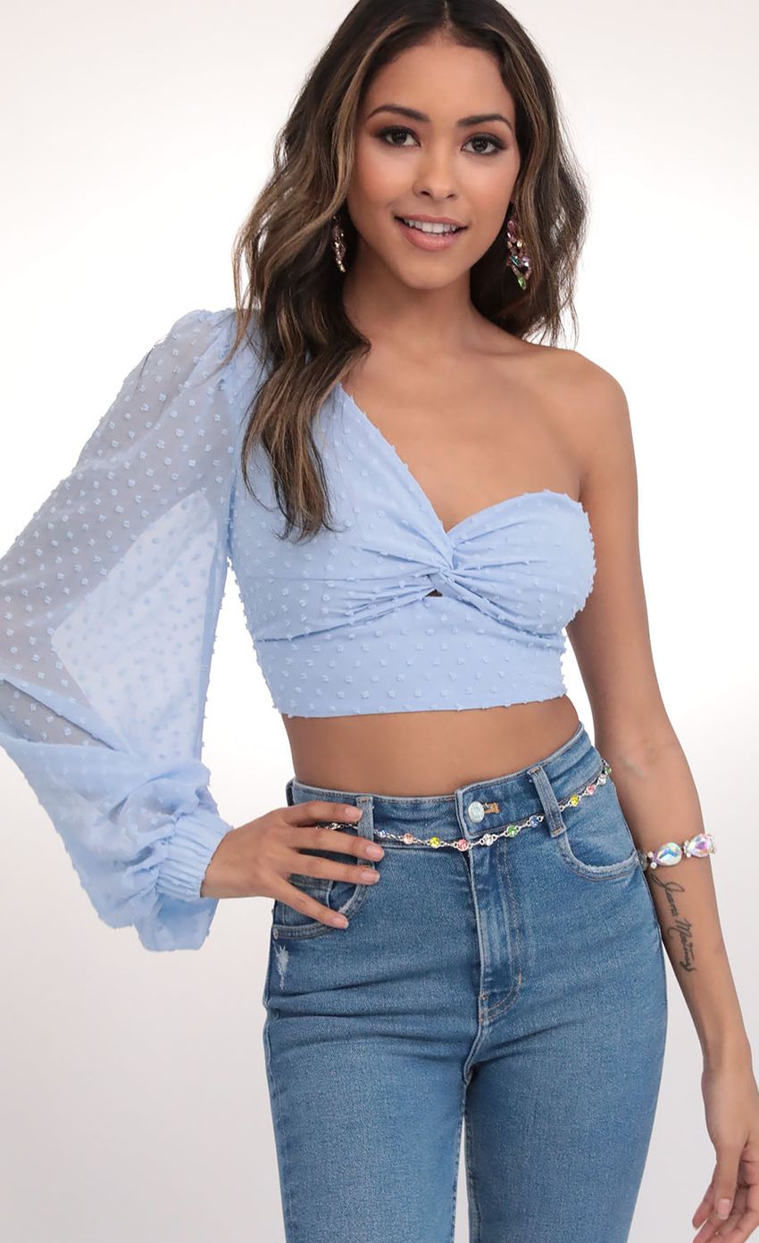 Picture Jasmine Puff Sleeve Chiffon Top in Blue Dots. Source: https://media-img.lucyinthesky.com/data/Feb20_1/850xAUTO/781A3219.JPG