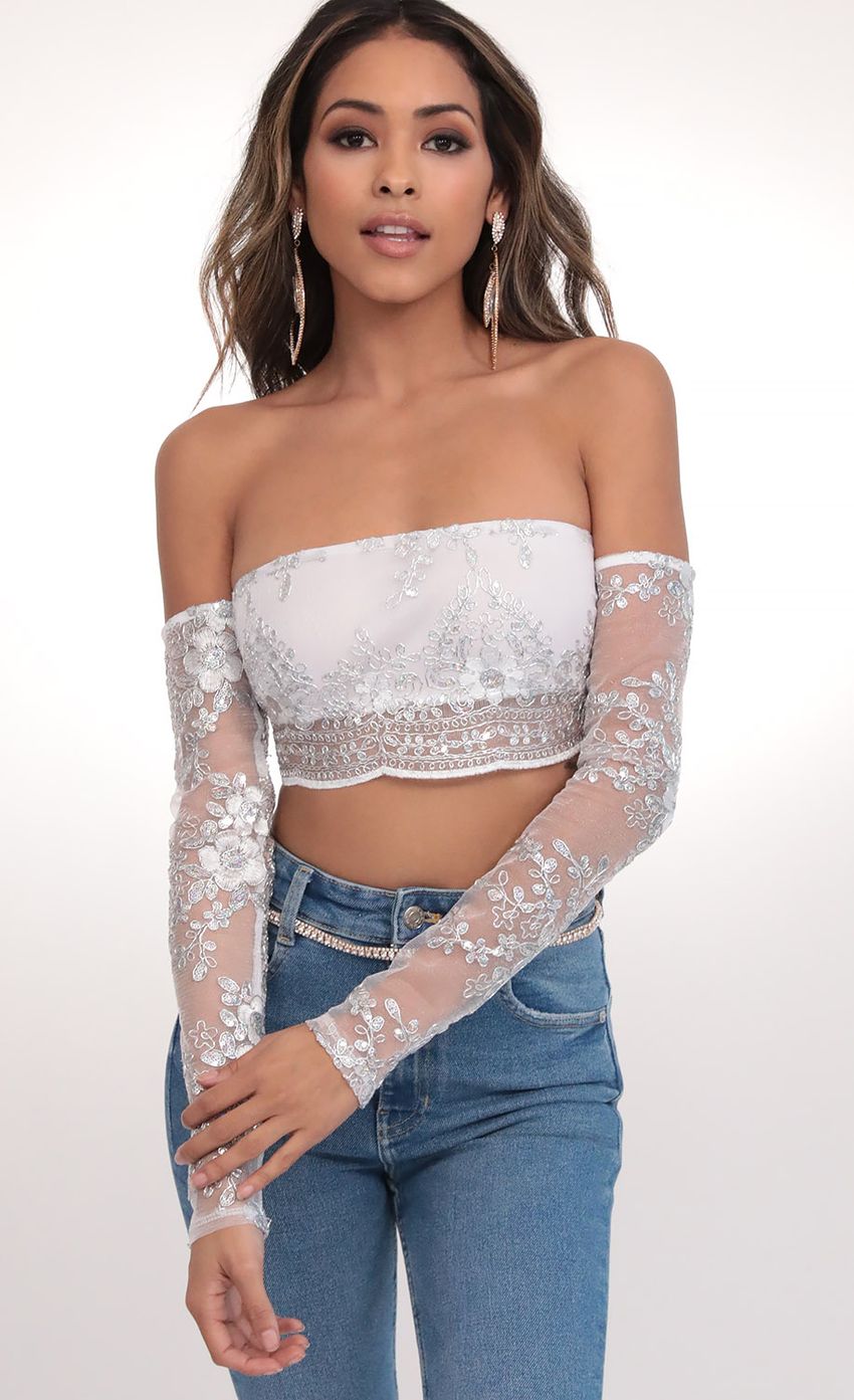 Picture Valentina Sequin Lace Top in White Silver. Source: https://media-img.lucyinthesky.com/data/Feb20_1/850xAUTO/781A3445.JPG