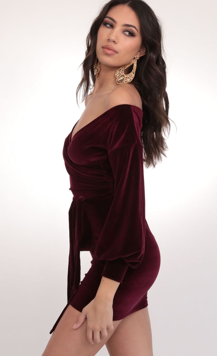 Picture Off The Shoulder Wine Velvet Dress. Source: https://media-img.lucyinthesky.com/data/Feb20_1/850xAUTO/781A3571.JPG