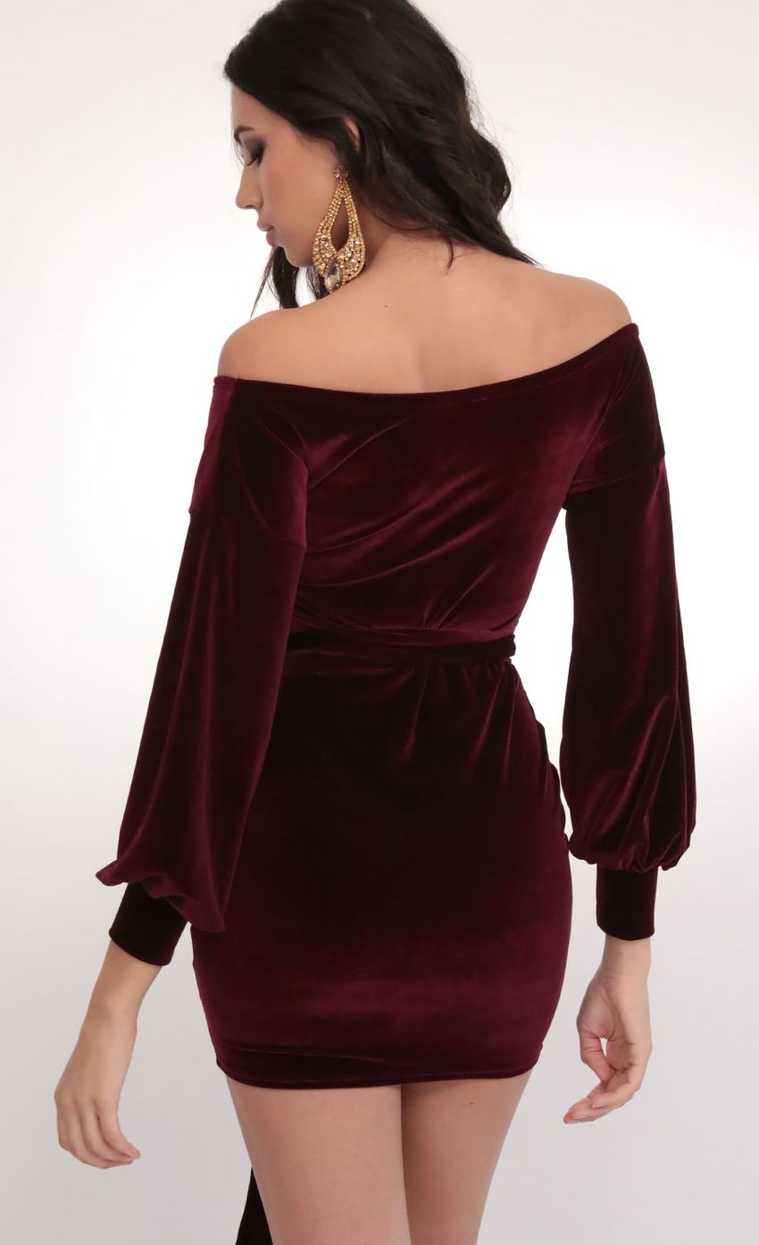 Picture Off The Shoulder Wine Velvet Dress. Source: https://media-img.lucyinthesky.com/data/Feb20_1/850xAUTO/781A3586.JPG