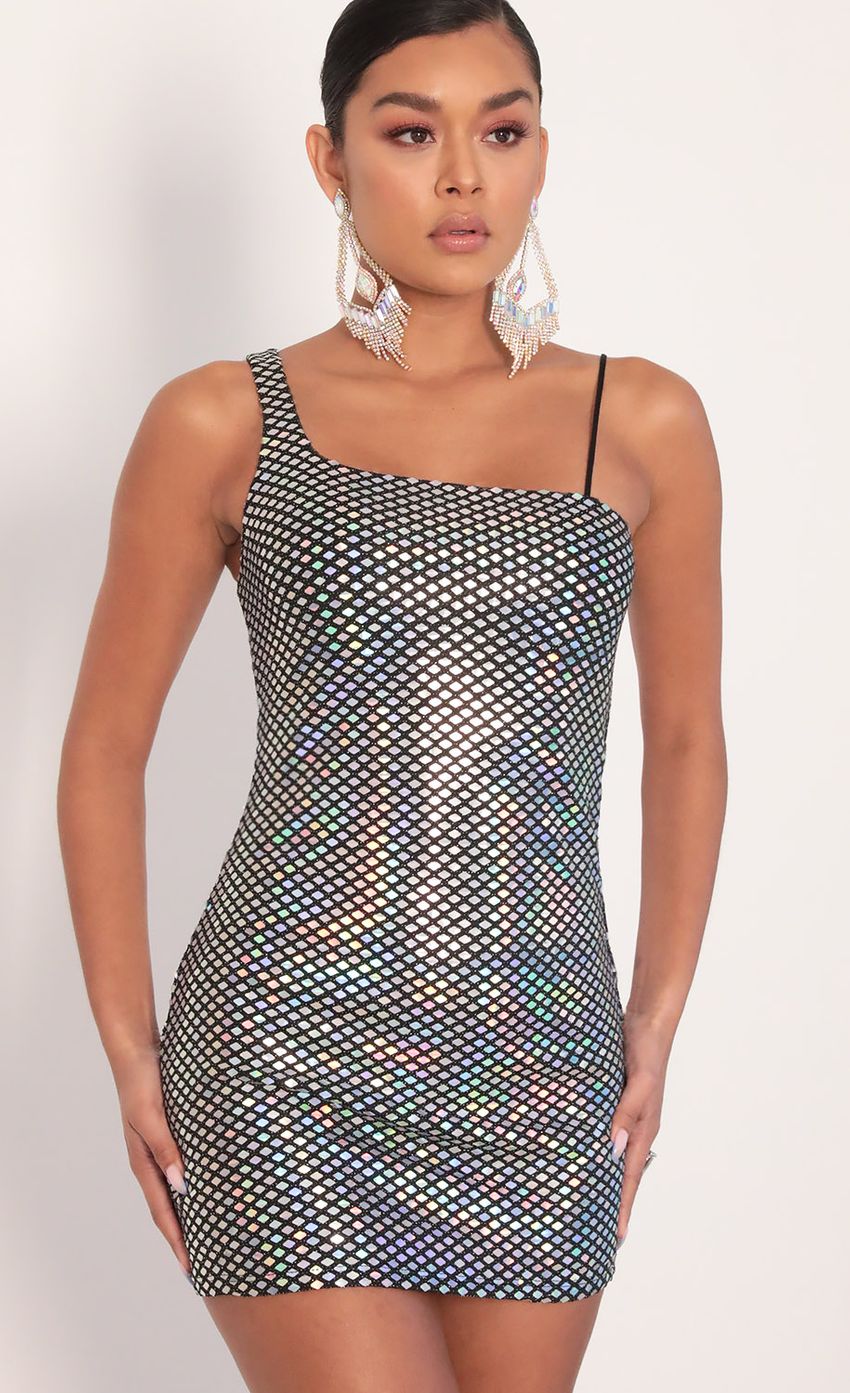 Picture Flaunt It Hologramic Dress in Black. Source: https://media-img.lucyinthesky.com/data/Feb20_1/850xAUTO/781A6940.JPG