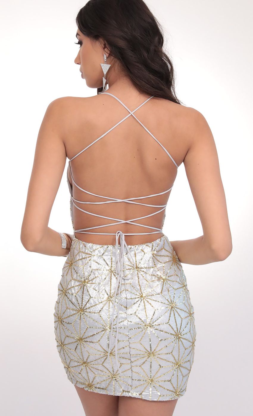 Picture Sequin Lace-up Dress in Silver Gold. Source: https://media-img.lucyinthesky.com/data/Feb20_1/850xAUTO/781A7468.JPG