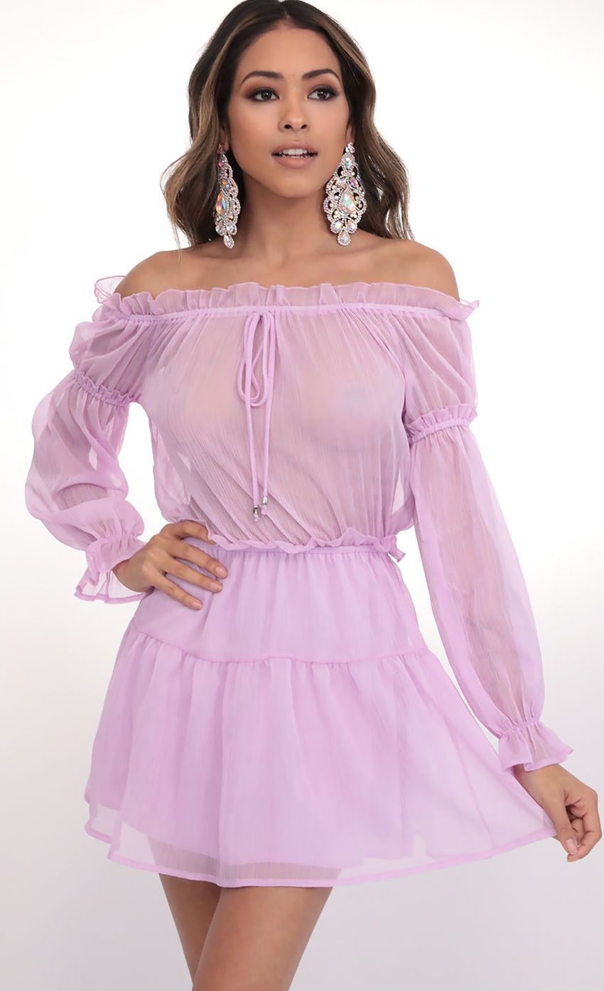 Picture Wild Thoughts Off The Shoulder Dress in Lilac. Source: https://media-img.lucyinthesky.com/data/Feb20_1/850xAUTO/781A7666.JPG
