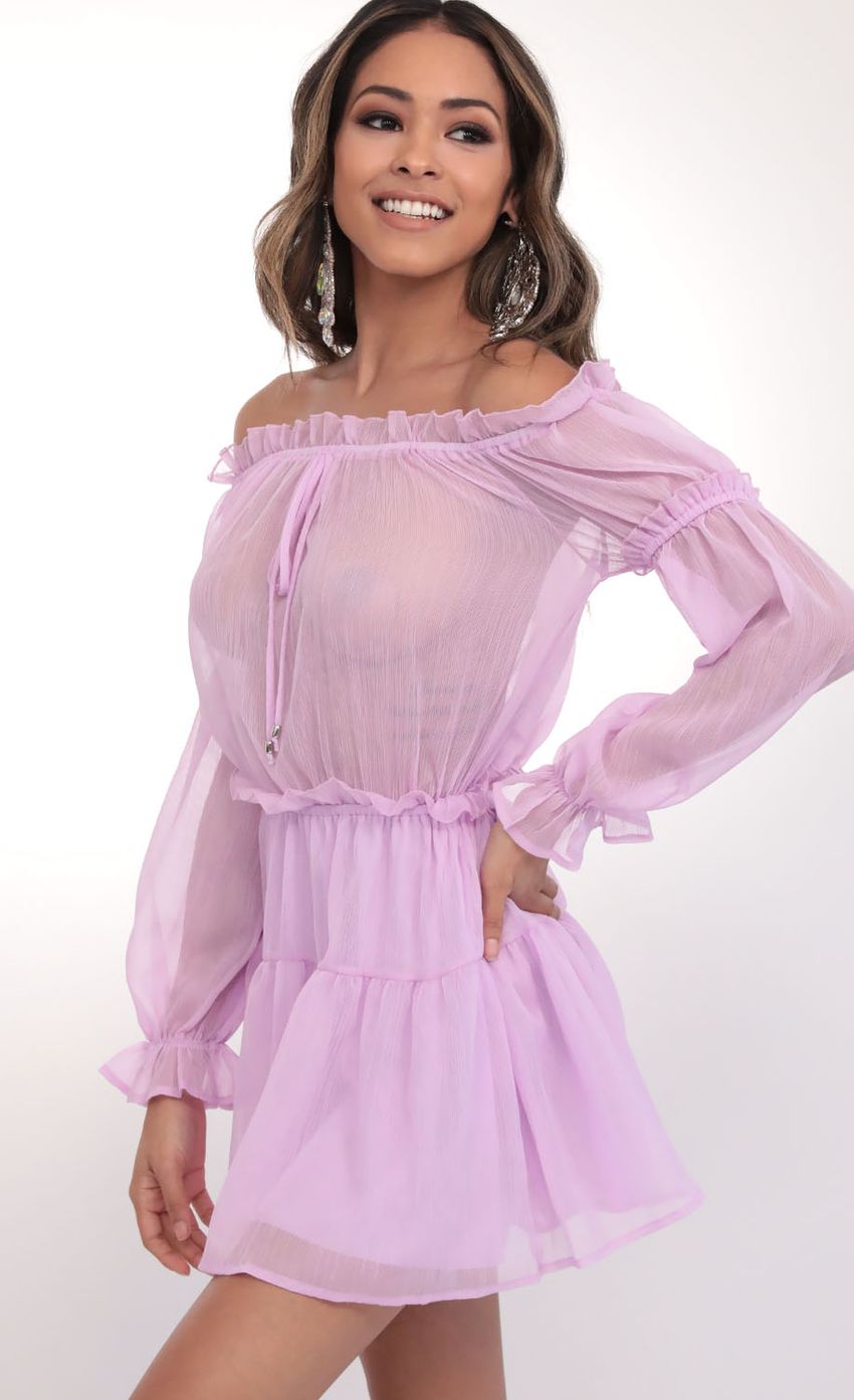 Picture Wild Thoughts Off The Shoulder Dress in Lilac. Source: https://media-img.lucyinthesky.com/data/Feb20_1/850xAUTO/781A7681.JPG