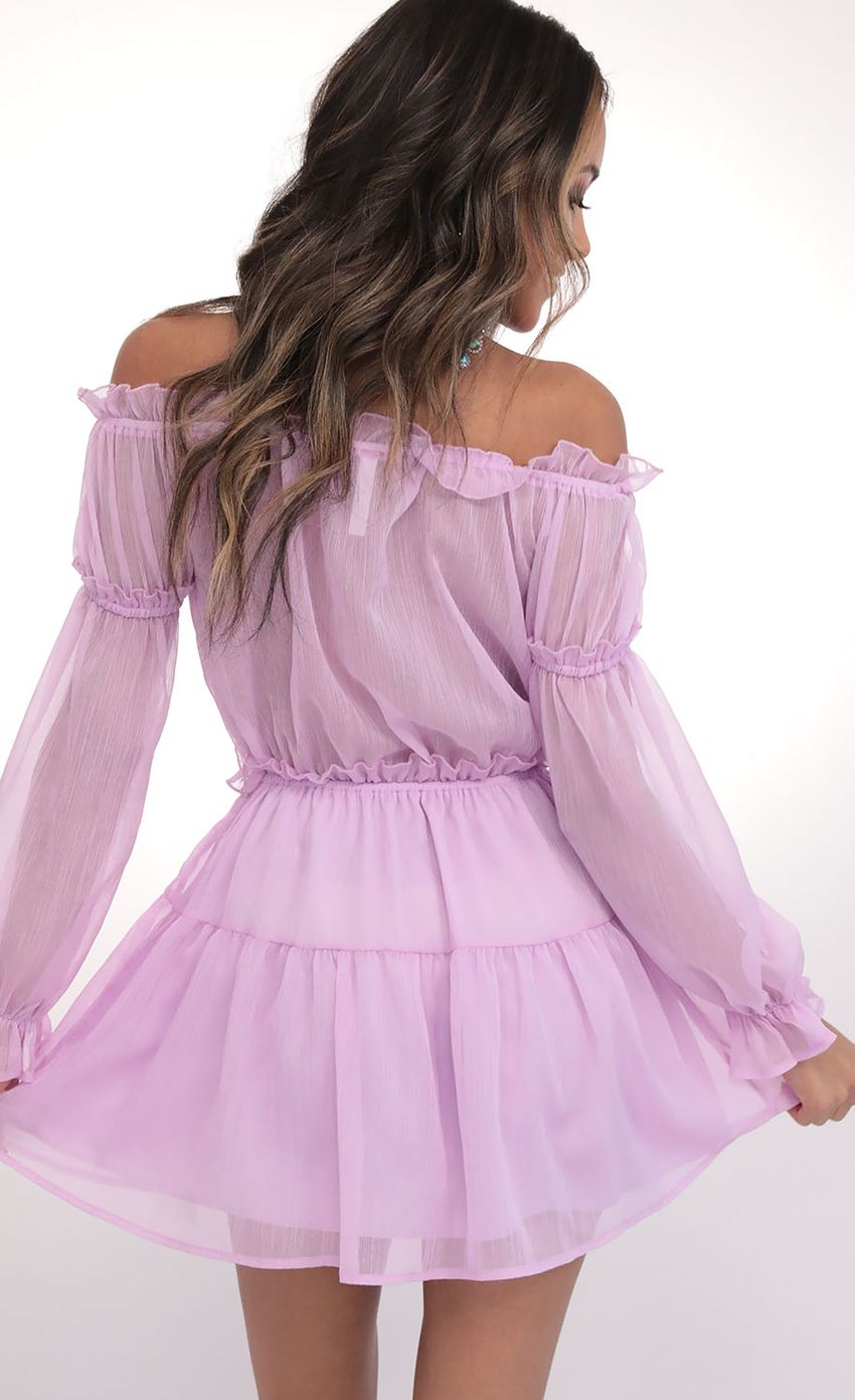 Picture Wild Thoughts Off The Shoulder Dress in Lilac. Source: https://media-img.lucyinthesky.com/data/Feb20_1/850xAUTO/781A7694.JPG