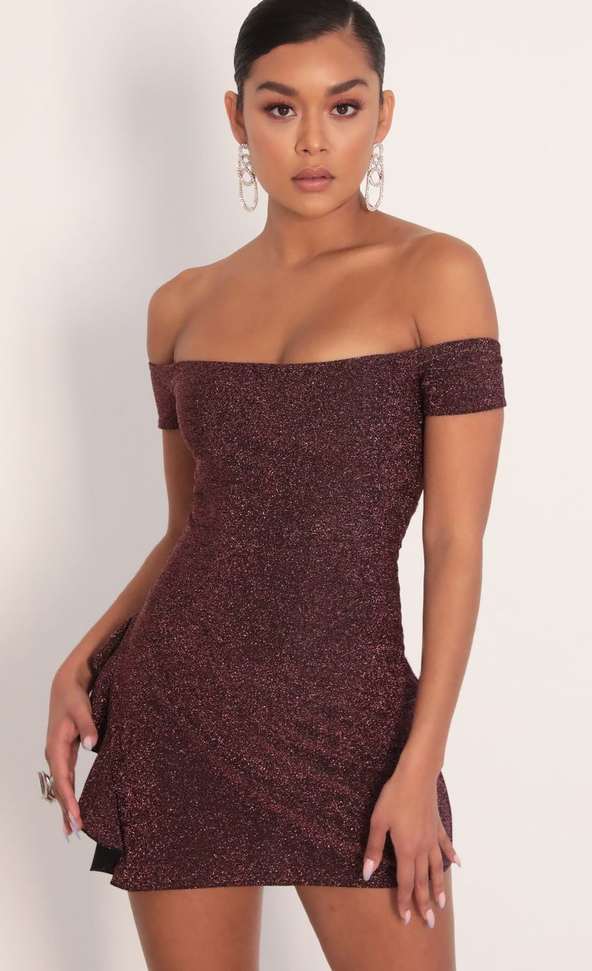 Picture Ana Off Shoulder Frill Dress in Sparkling Mauve. Source: https://media-img.lucyinthesky.com/data/Feb20_1/850xAUTO/781A7950.JPG