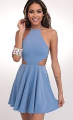 Picture Brynn Halter Cutout A-line Dress in Turquoise. Source: https://media-img.lucyinthesky.com/data/Feb20_2/150xAUTO/781A3095.JPG